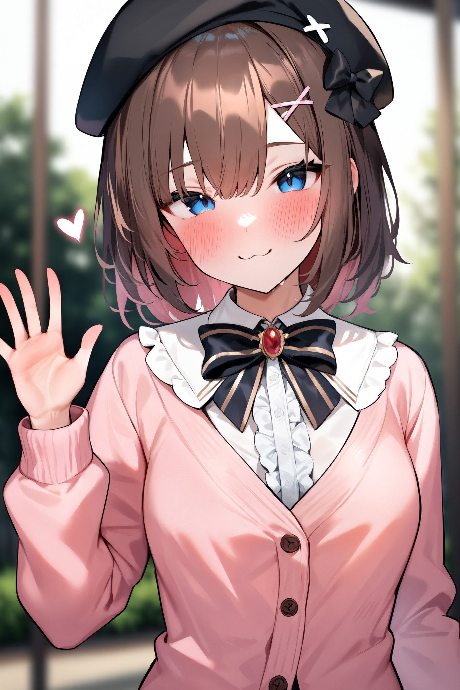 masterpiece, best quality, very aesthetic, absurdres, 1girl,  bow, cardigan, hair ornament, small breasts, center frills, upper body, blue eyes, hat, shirt, :3, pink cardigan, brown hair, blush, x hair ornament, looking at viewer, white shirt, brooch, bangs, bowtie, jewelry, solo, hair bow, beret, black headwear, frills, medium hair, waving, heart, closed mouth, smile, long sleeves, hairclip, striped,   <lora:Yuyu_AnimagineXL_dim32:1>