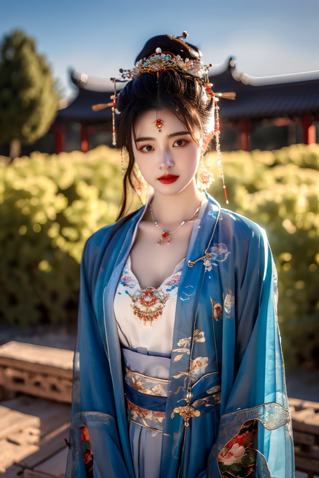 masterpiece, best quality, realistic, 1girl, gufeng style, solo, looking at viewer, black hair, hair ornament, jewelry, earrings, necklace, hair bun, blurry, lips, chinese clothes, cowboy shot, realistic, red lips, outdoors, day, sky, cloud, tree  <lora:Tensorxy_Gufeng_BD_LoRA_v1:0.7> 