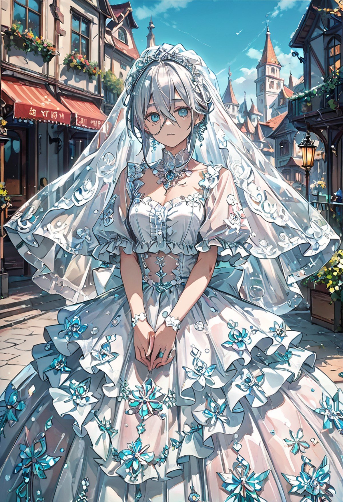 1girl, wedding dress, clothing with intricate frills and embroidery, bridal veil, luxurious clothing, village, detailed background, incredibly absurdres, colorful, HD, hyper detailed, ultra detailed, score_9, score_8_up, score_7_up, source_anime, perfect anatomy, masterpiece, best quality, very aesthetic, <lora:WD-XLPony_v002:0.8>, see-through, layered, v arms, silver, hair between eyes, score_9, score_8_up, score_7_up , source_anime, masterpiece, best quality, perfect anatomy , very aesthetic , absurdres