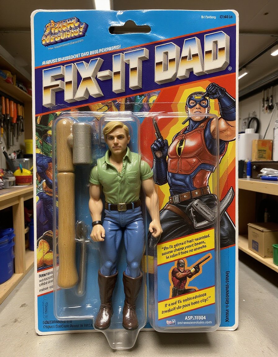 "Fix-It Dad" – A superhero with the ultimate toolbelt, ready to repair anything that’s broken, from gadgets to relationships. His hammer can fix entire buildings with one hit, and his wrench can bend metal like it’s clay. The figure is locked in original packaging, with a ral-afpacking logo at the top-left corner. The background shows a pristine suburban garage filled with tools, workbenches, and half-finished DIY projects waiting to be perfected.<lora:ral-afpacking-flux:1>