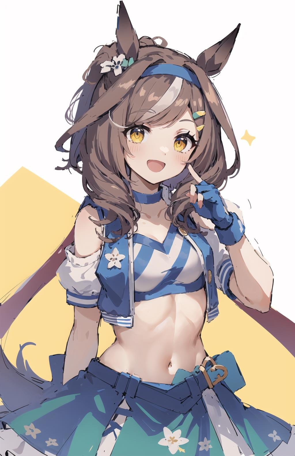 ((masterpiece,best quality)),(illustration),sketch,matikane tannhauser (blue turbulence), 1girl, animal ears, horse ears, horse tail, horse girl, tail, gloves, navel, fingerless gloves, brown hair, midriff, solo, cropped jacket, breasts, hair ornament, looking at viewer, blush, medium breasts, blue gloves, open mouth, ponytail, yellow eyes, medium hair, skirt, bird, flower, headband, crop top, alternate costume, belt, hairclip, smile,<lora:matikane tannhauser:1>,, Flat design,graphic design,minimalism design,constructivism,retro style,With a full sense of design,