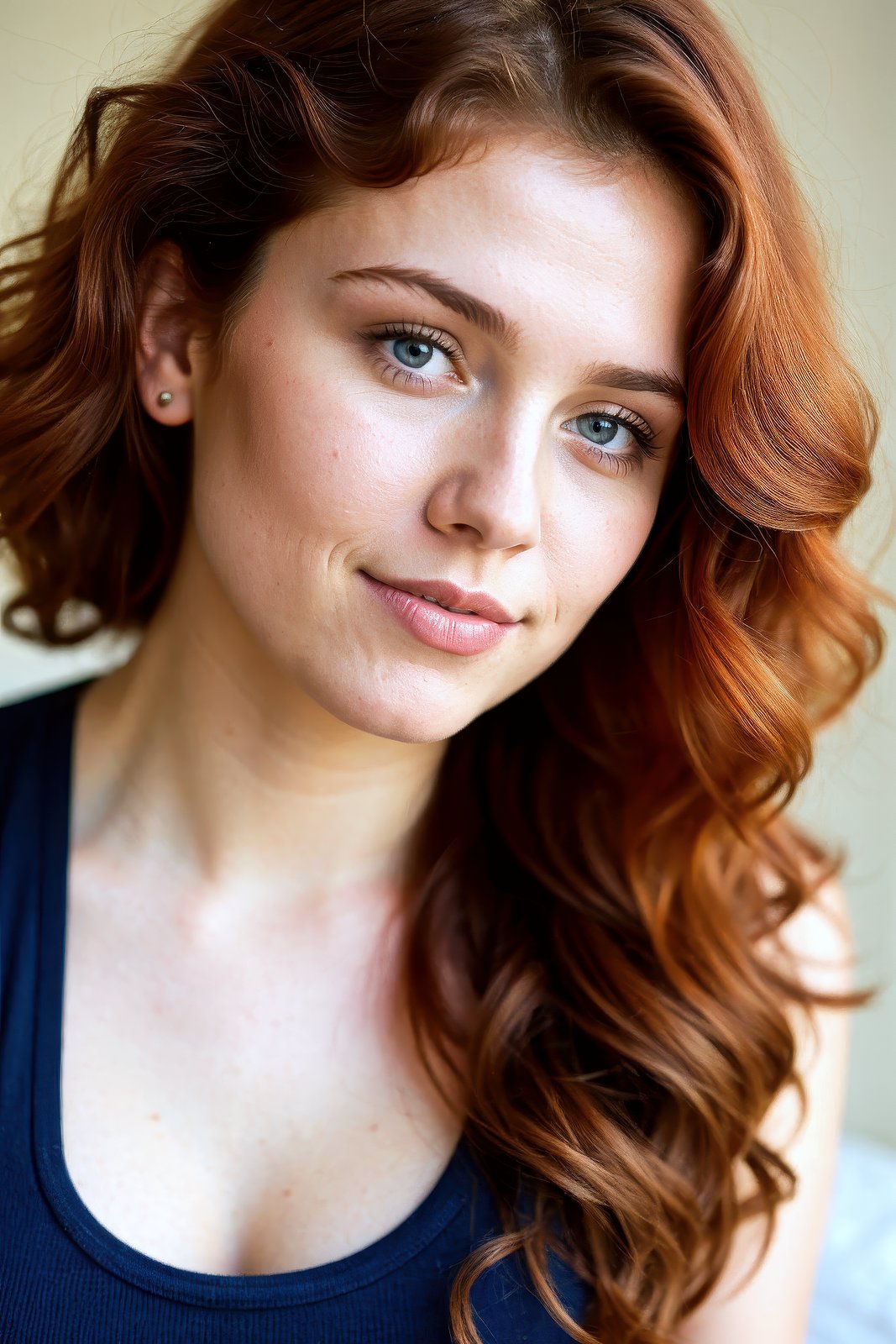 The image is a close-up portrait of a young woman with red curly hair. She is looking directly at the camera with a serious expression on her face. Her hair is styled in loose curls that frame her face and falls over her shoulders. She has a slight smile on her lips and her eyes are a piercing blue. She appears to be wearing a white top with a blue collar. The background is blurred, so the focus is on the woman's face. The lighting is soft and natural, highlighting her features.