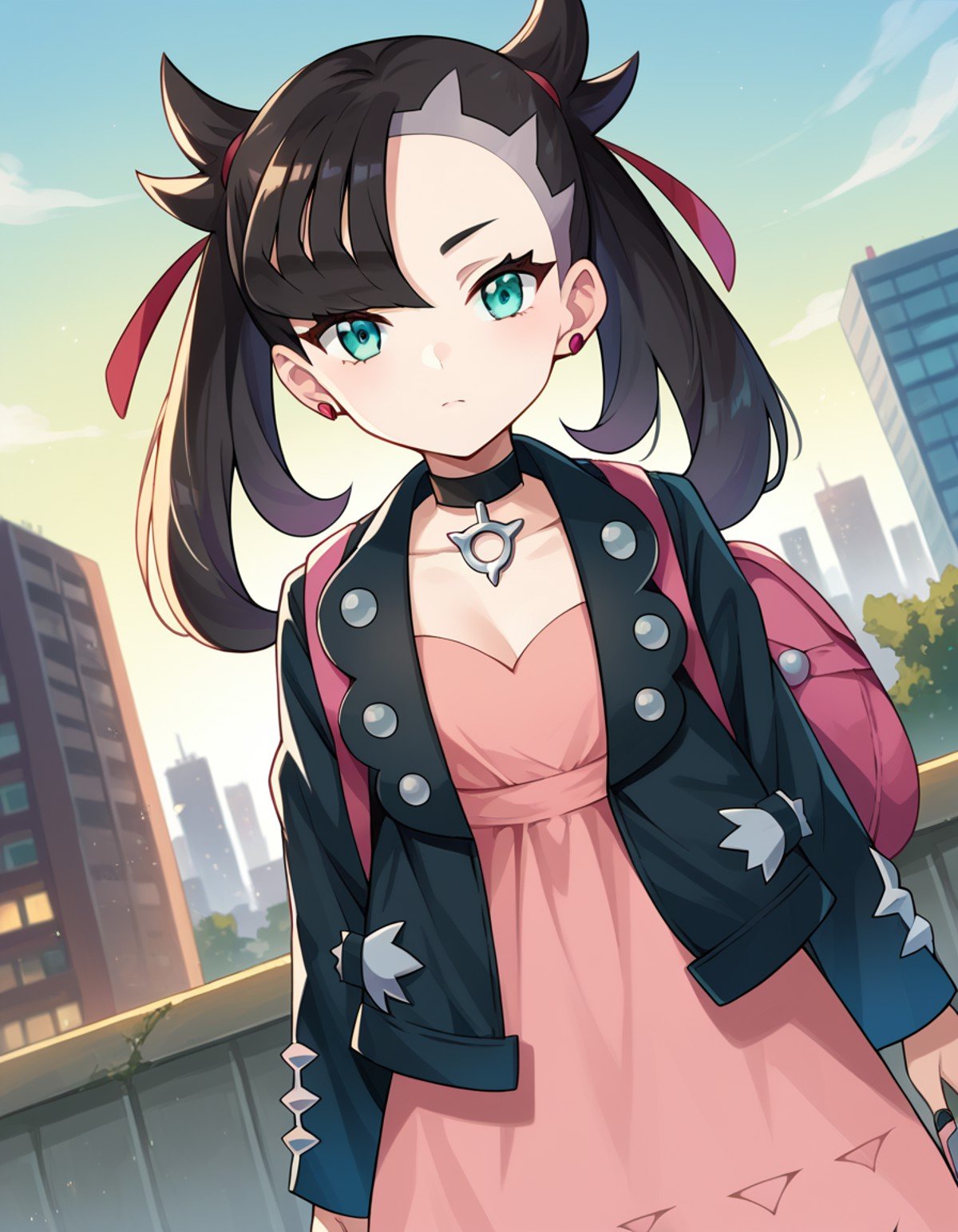 score_9, score_8_up, score_7_up, source_anime,pokemonmarnie, <lora:pokemon-marnie-ponyxl-lora-nochekaiser:1>pokemonmarnie, aqua eyes, asymmetrical bangs, asymmetrical hair, black hair, hair ribbon, long hair, red ribbon, ribbon, twintails,backpack, bag, black choker, black jacket, choker, dress, earrings, jacket, jewelry, long sleeves, open clothes, pink bag, pink dress,outdoors, cityscape,looking at viewer, cowboy shot, dutch angle,