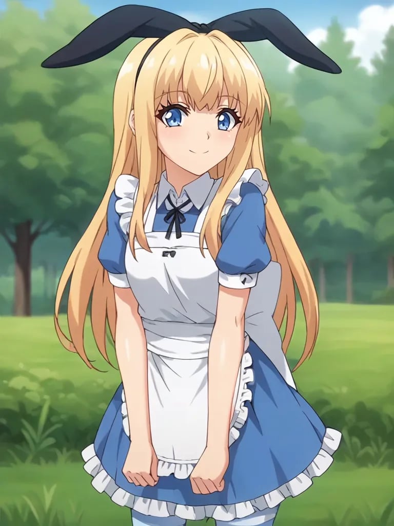 score_9, score_8_up, score_7_up, source_anime, 2d, anime_screenshot <lora:onigokkoalicepony:1>,1girl, solo, aliceonigokko, blonde hair, long hair, blue eyes, hair ribbon, hairband, blue dress, short sleeves, apron, striped pantyhouse, cowboy shot, outdoors, forest, smile