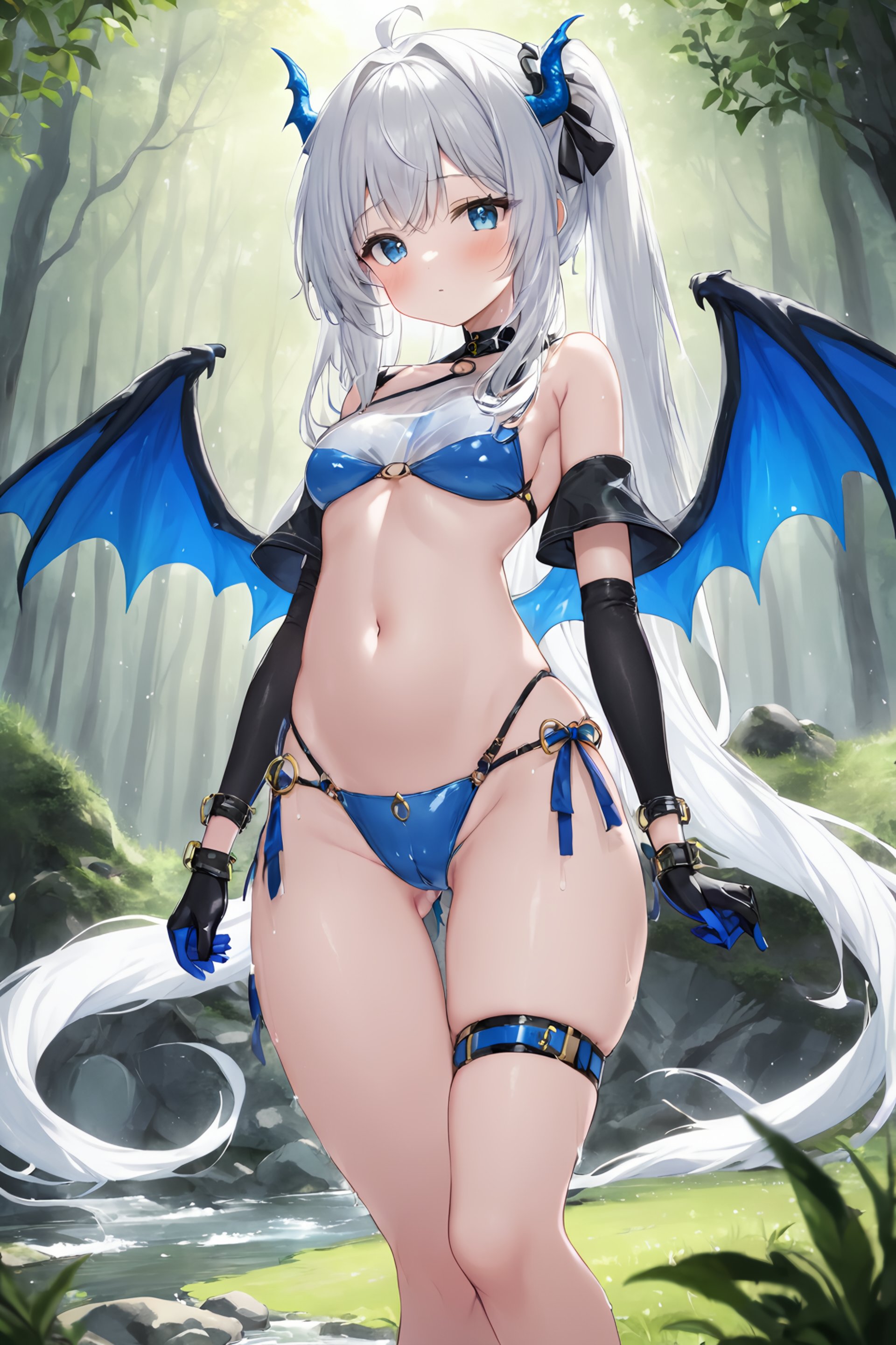 (masterpiece),(highest quality),highres,(an extremely delicate and beautiful),(extremely detailed),river, forest, grass, stone, building, dynamic angle, 1 dragon girl, solo, long hair, blue eyes, dragon wings, dragon tail, dragon horns, underboob, navel, gloves, looking at viewer, thigh strap, see-through, thigh gap, bare shoulders, wings, silver hair, white hair, bangs, thighs, blush, cameltoe, o-ring, ribbon, wet, groin, very long hair, low twintails, stomach, feet out of frame, fingerless gloves, blue gloves, ass visible through thighs, wet clothes, skindentation, hair ribbon, off shoulder, black gloves, hair ornament, bow, standing, single glove, partially fingerless gloves, elbow gloves, bracelet,depth of field, blurry foreground, blurry background,