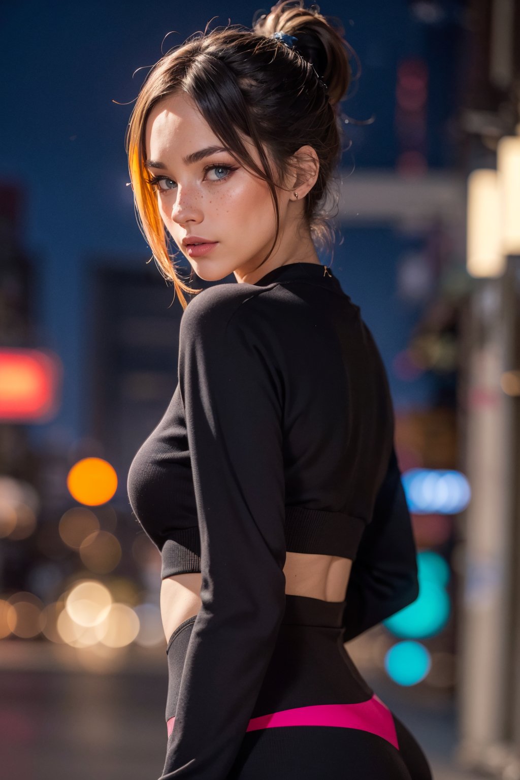 masterpiece, high quality, 8k,simple background, brown hair ponytail, swept bangs, pink sweater, black yoga pants, elegant, beautiful, freckles, realistic, heterochromia, beautiful eyes, up close, dark shadows, night background, neon hearts lights dark, low-key