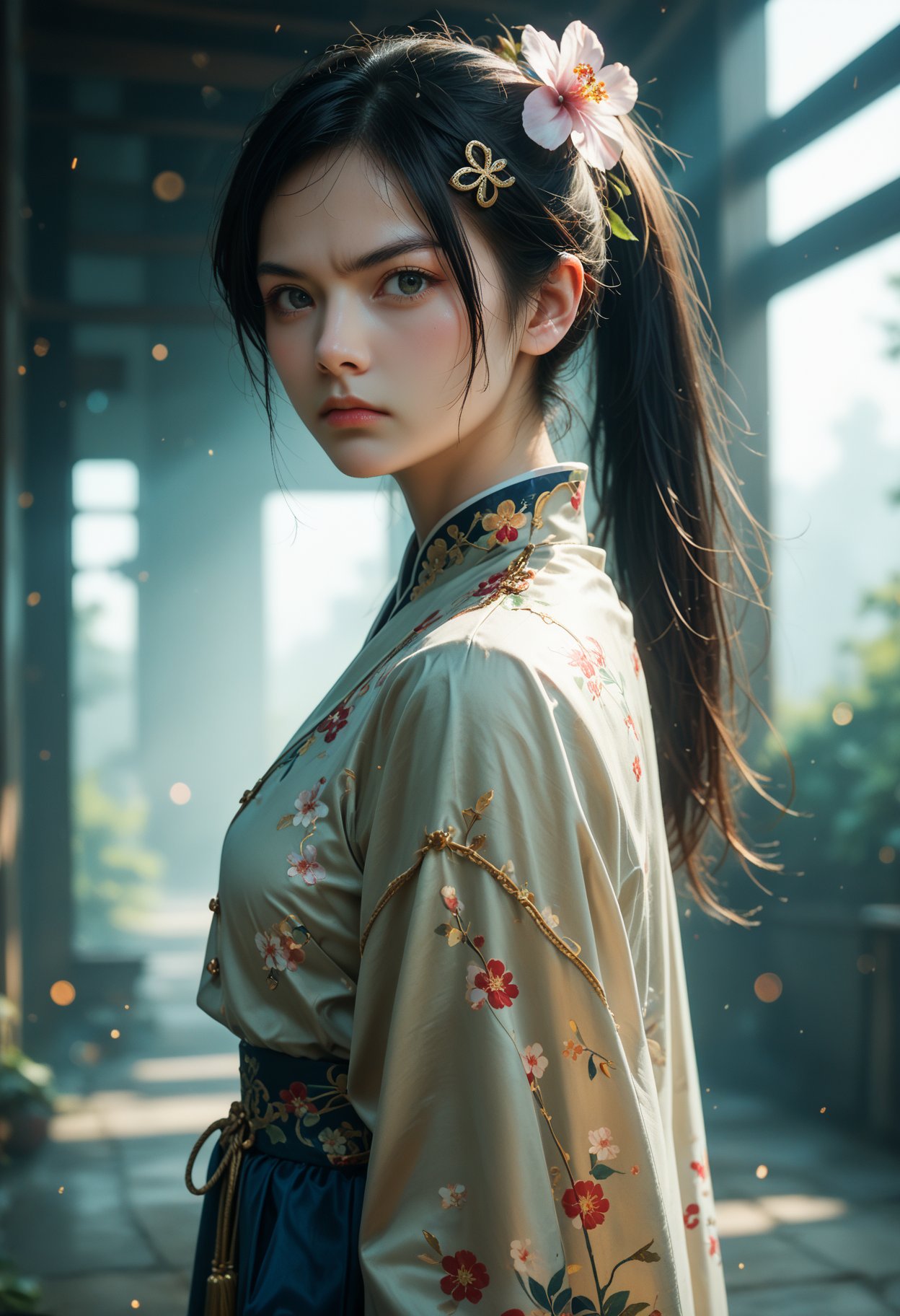 1girl,angry,black hair,flower,hairclip,long hair,looking at viewer,looking back,mina ashiro,parody,ponytail,solo,solo focus,ruanyi0752,<lora:d4rkpurpXLP:0.5>,<lora:mina-ashiro-s1-ponyxl-lora-nochekaiser:1>,<lora:0752 Wisteria butterfly hanfu_v1_pony:1>,hanfu,chinese clothing,, cinematic film still,score_9,score_8_up,score_7_up,dramatic lighting,(realistic:1.3),highly detailed,high budget,bokeh,cinemascope,moody,epic,gorgeous,film grain,grainy,masterpiece,best quality,perfect anatomy,very aesthetic,official art,8k,