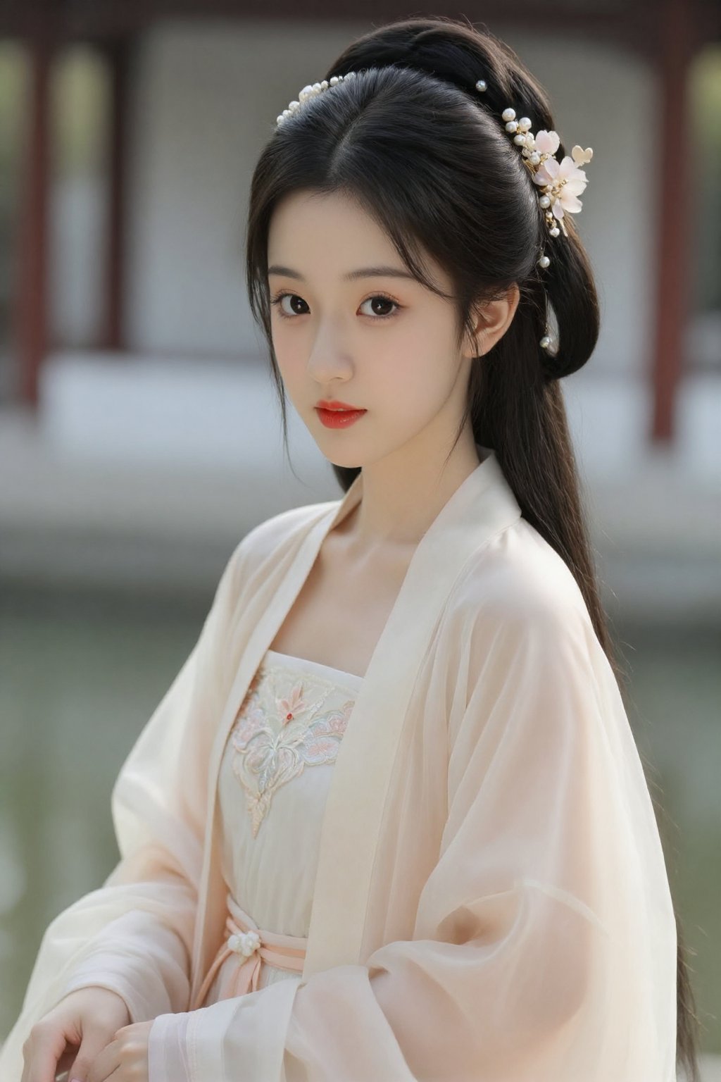 A young East Asian woman,  appearing to be in her late teens or early twenties,  is the central subject of the image. She...