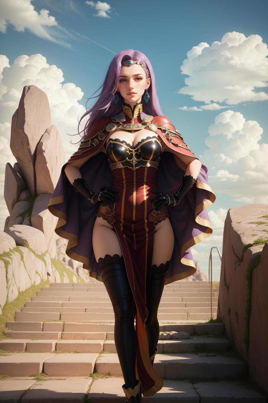 masterpiece, best quality, defsonya, circlet, purple cape, earrings, cleavage, red dress, black gloves, black thighhighs, high heels, walking, stone stairs, rock formations, sky, clouds, hands to hips <lora:sonya-nvwls-v1-000012:0.9>