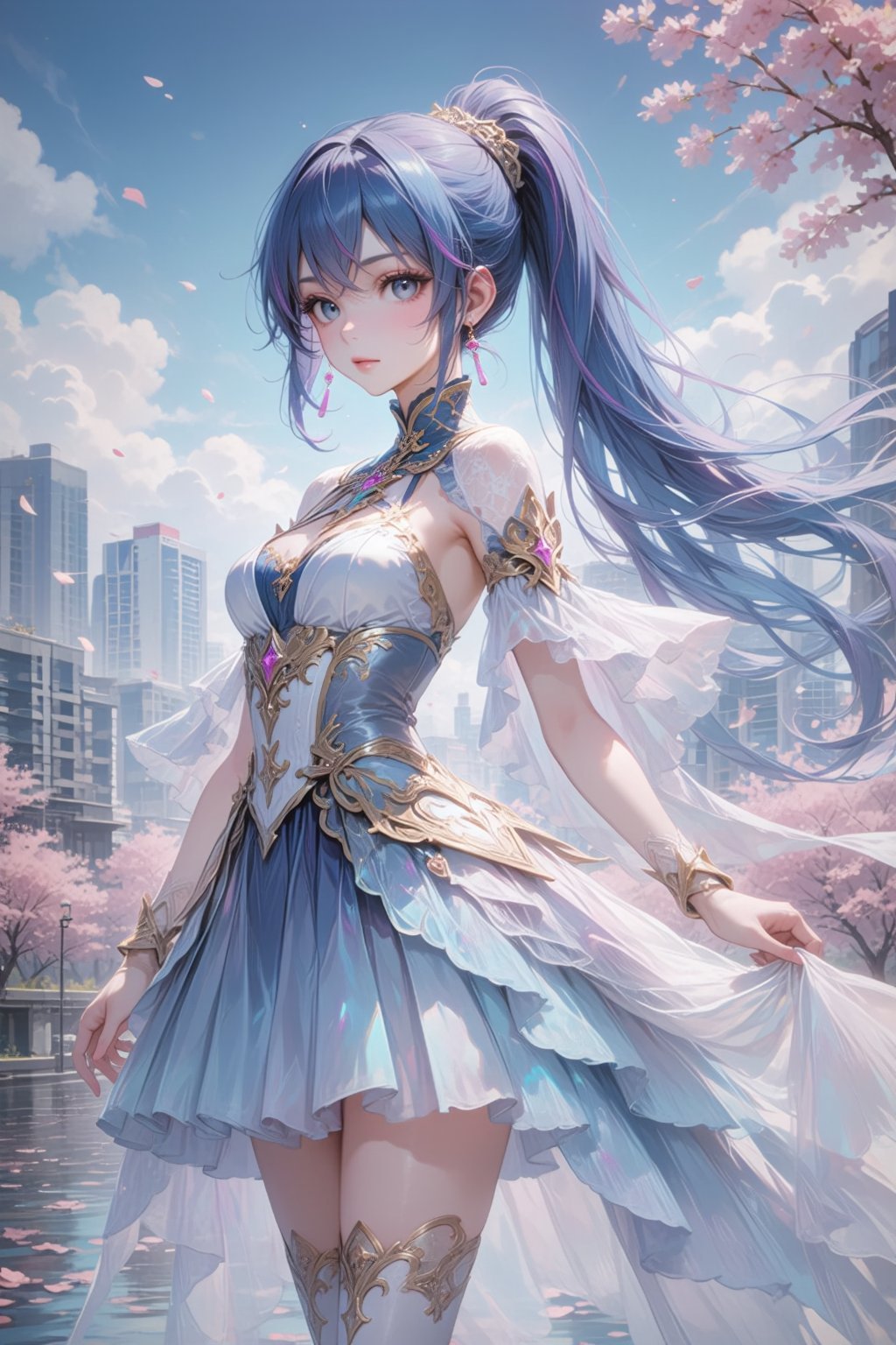 A young woman with long,  flowing blue hair tied into a high ponytail,  with streaks of purple by 天TIN on Tensor.Art