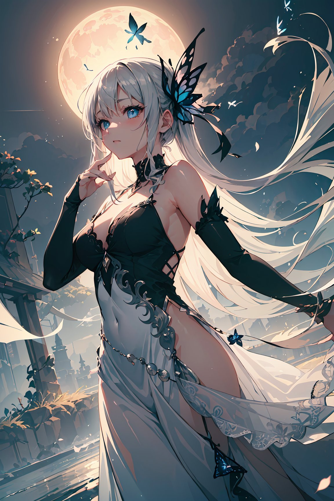 A captivating,  dreamlike anime girl standing in a fantastical landscape filled with swirling shades of sleek black and sh...