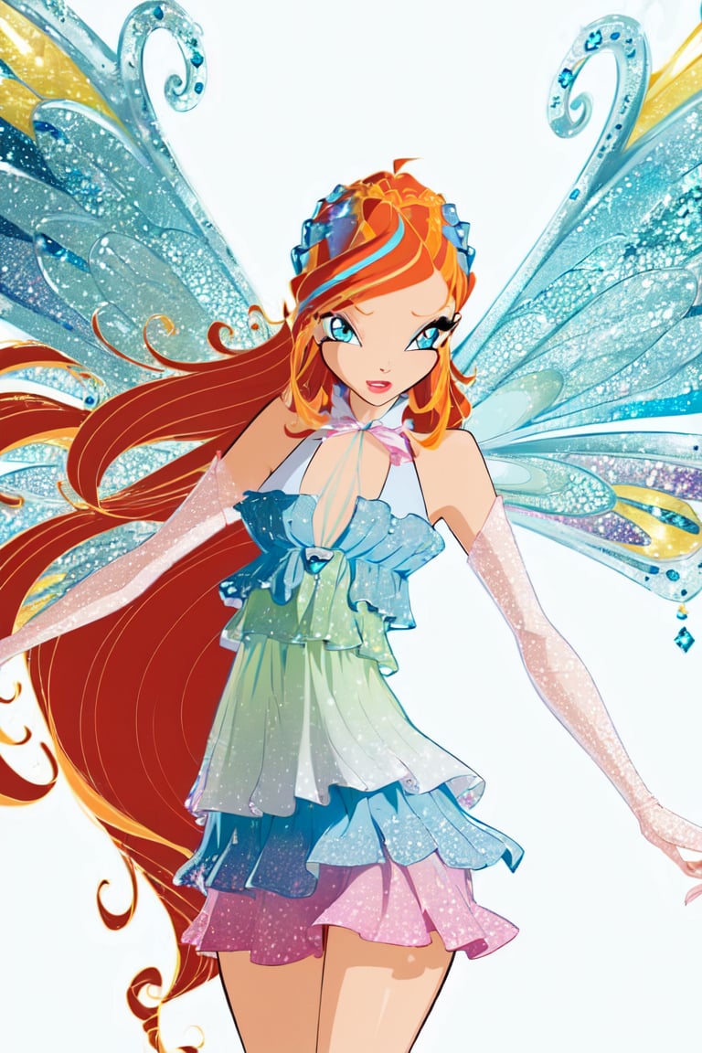 (Bloom:1.5), (blue gradient dress:1.2), fairy wings, orange hair, blue eyes, sparkling outfit, (white background, solid white background:1.5), (realistic:1.2), (masterpiece:1.2), (full-body-shot:1),(Cowboy-shot:1.2), neon lighting, dark romantic lighting, (highly detailed:1.2),(detailed face:1.2), (gradients), colorful, detailed eyes,, (natural lighting:1.2), solo  <lora:WinxClubEnchantixBloom-10:0.9> <lora:add_detail:0.3> <lora:BeautifulEyes:0.6> <lora:WinxComiss_Style-15:0.4>