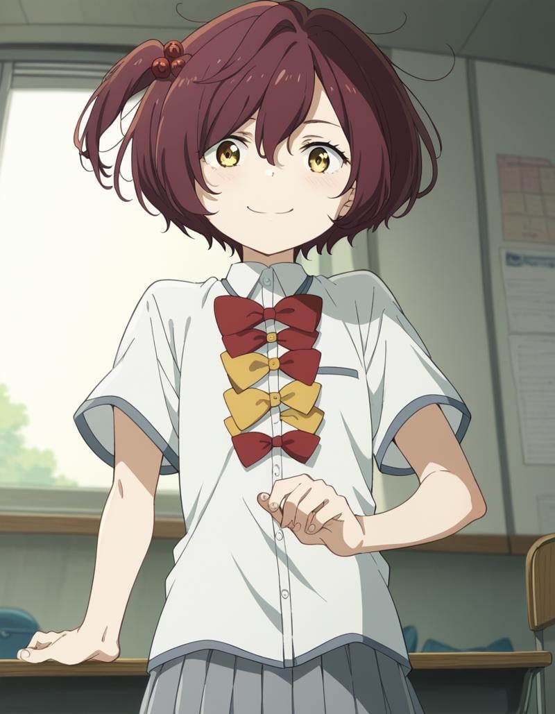 score_9, score_8_up, score_7_up, source_anime, <lora:chika-komari-alpha-ponyxl-lora-nochekaiser:1>, chika komari, short hair, bangs, brown hair, hair ornament, hair between eyes, side ponytail, one side up, hair bobbles, yellow eyes,, skirt, shirt, bow, school uniform, white shirt, short sleeves, pleated skirt, bowtie, yellow bow, grey skirt, yellow bowtie, red bow, red bowtie,, indoors, smile, looking at viewer, solo,, cowboy shot, dutch angle