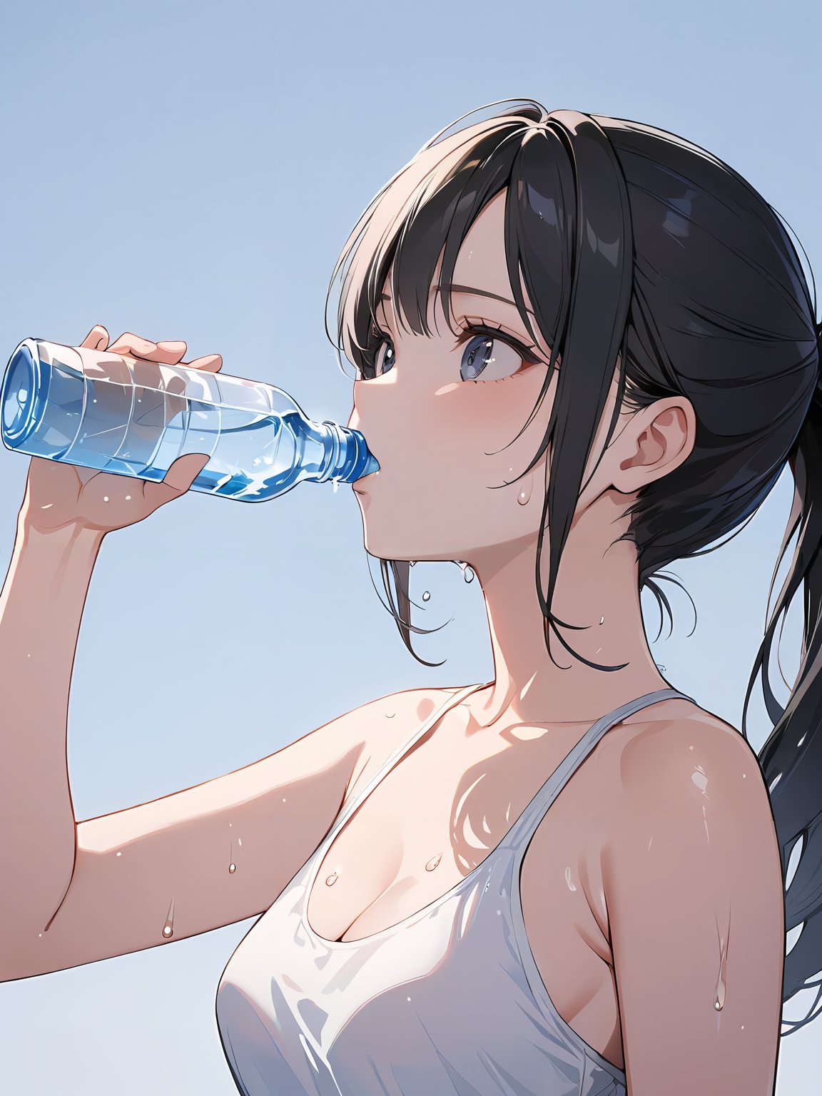 masterpiece,ultra-detailed,best quality,8K,illustration,cute face,clean skin ,shiny hair,girl,middle breasts,ultra-detailed-eyes,simple background, <lora:add-detail-xl:1>  <lora:drinking_XL_V1.0:1> drinking, holding bottle,water,ponytail,black hair,sweat