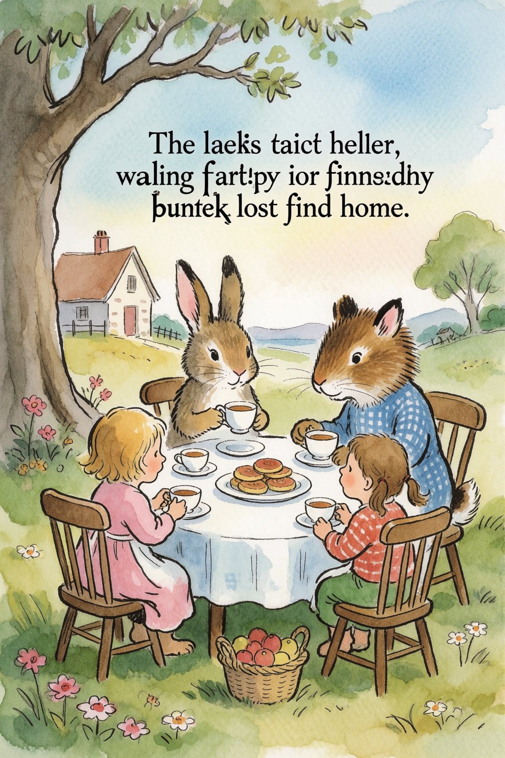 children book illustration of talking animals having tea party,  helping lost bunny find home,  watercolor and ink by inkn...