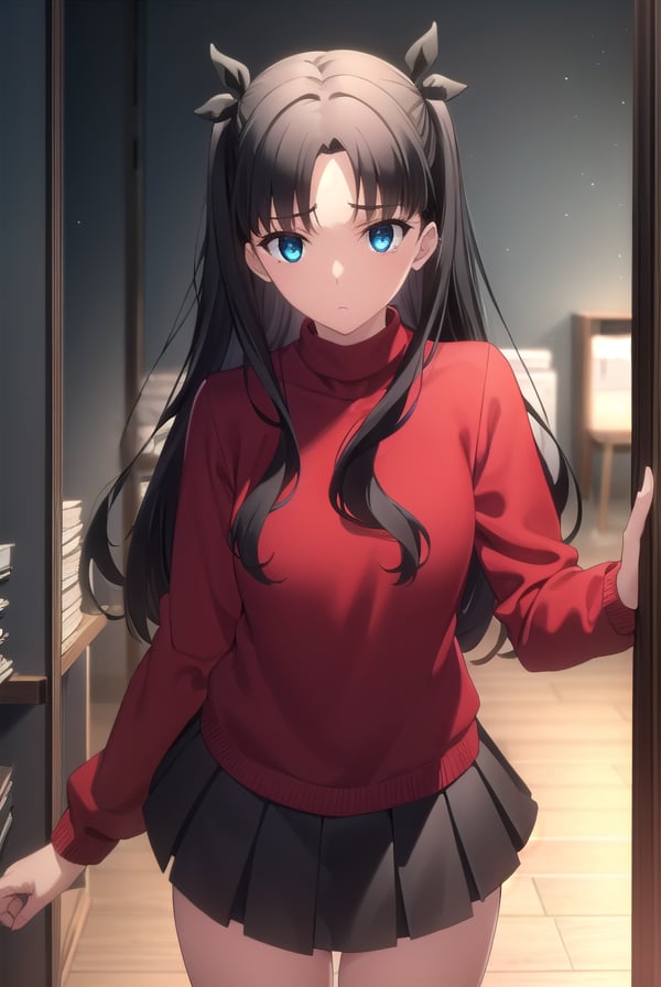 rintohsaka, <lora:rin tohsaka ubw-lora-nochekaiser:1>, rin tohsaka, aqua eyes, (black hair:1.5), hair ribbon, long hair, ribbon, sidelocks, two side up, (parted bangs:1.5),BREAK black skirt, black thighhighs, long sleeves, miniskirt, pleated skirt, red sweater, skirt, sweater, thighhighs, turtleneck,BREAK indoors, classroom,BREAK looking at viewer, (cowboy shot:1.5)BREAK <lyco:GoodHands-beta2:1>, (masterpiece:1.2), best quality, high resolution, unity 8k wallpaper, (illustration:0.8), (beautiful detailed eyes:1.6), extremely detailed face, perfect lighting, extremely detailed CG, (perfect hands, perfect anatomy),