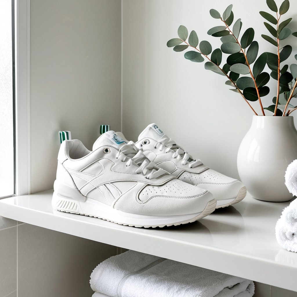 a sneaker on a clean bathroom shelf with soft towels and eucalyptus,  bright airy daylight,  fresh modern spa-bathroom moo...