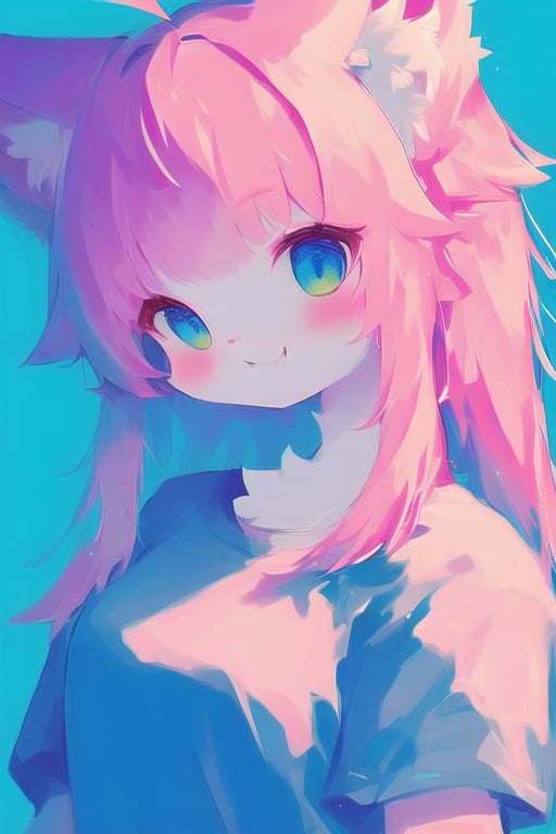 1girl,animal ears,solo,furry female,pink hair,furry,long hair,:3,looking at viewer,upper body,shirt,ahoge,smile,simple background,blue eyes,short sleeves,animal ear fluff,blush,animal nose,blue background,fang,bokeh,depth of field,overexposure,<lora:lightfurryv4-000028:1.6>,