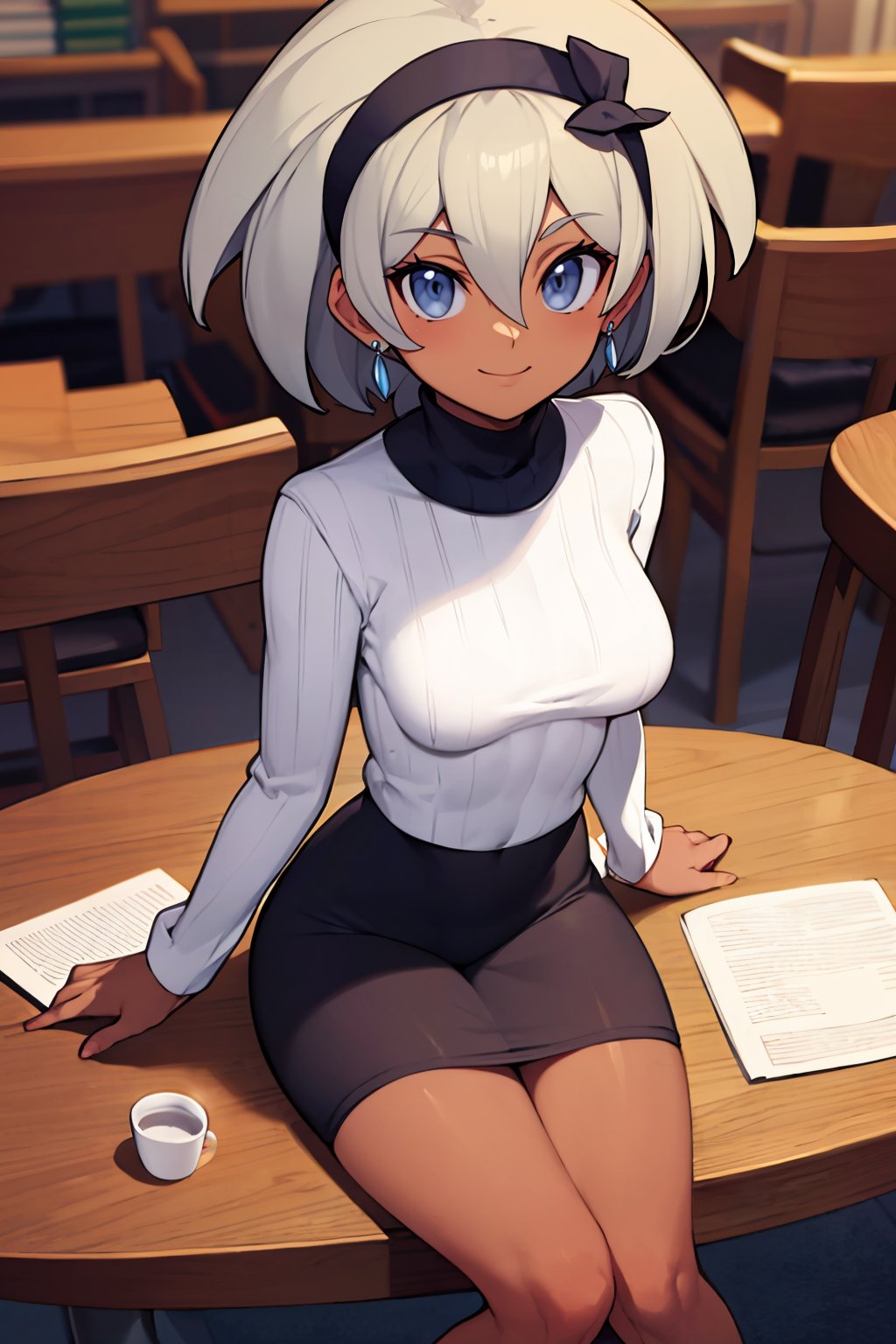 ((masterpiece,best quality)), absurdres,   <lora:Bea_Pokemon_v2:0.8>, bea (pokemon),   black hairband, dark-skinned female, hair between eyes, grey hair, short hair, grey eyes,   turtleneck sweater, earrings, library, cup of coffee, sitting at table,  solo, smile, looking at viewer, sitting, from above,  <lora:Bold_CAT:0.5>,