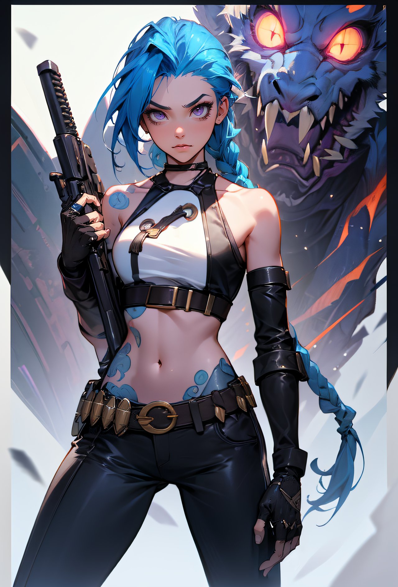 JinxLol, mature female,1girl, solo,looking at viewer, navel, gloves, fingerless gloves, character name, midriff, bare shoulders, looking at viewer, gun, crop top, belt,outdoors,<lora:JinxLol:1> jinxlol, (masterpiece, best quality, hires, high quality, by professional artist, ultra detailed, extremely detailed, absurdres, incredibly resolution:1.2)