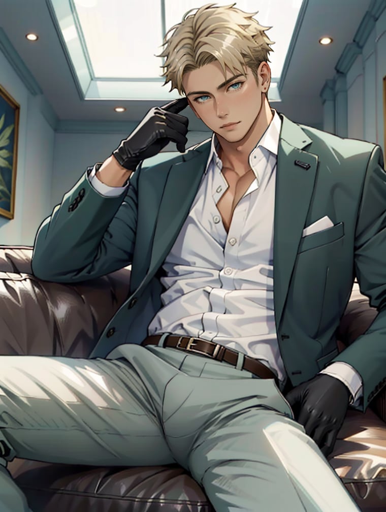 loid_forger, solo, looking at viewer, short hair, blue eyes, blonde hair, shirt, gloves, 1boy, sitting, jacket, white shirt, male focus, black gloves, pants, indoors, spread legs, open jacket, muscular, formal, abs, cat, suit, pectorals, couch, green jacket, unbuttoned, green pants, <lora:loid_forger_SPY:1>