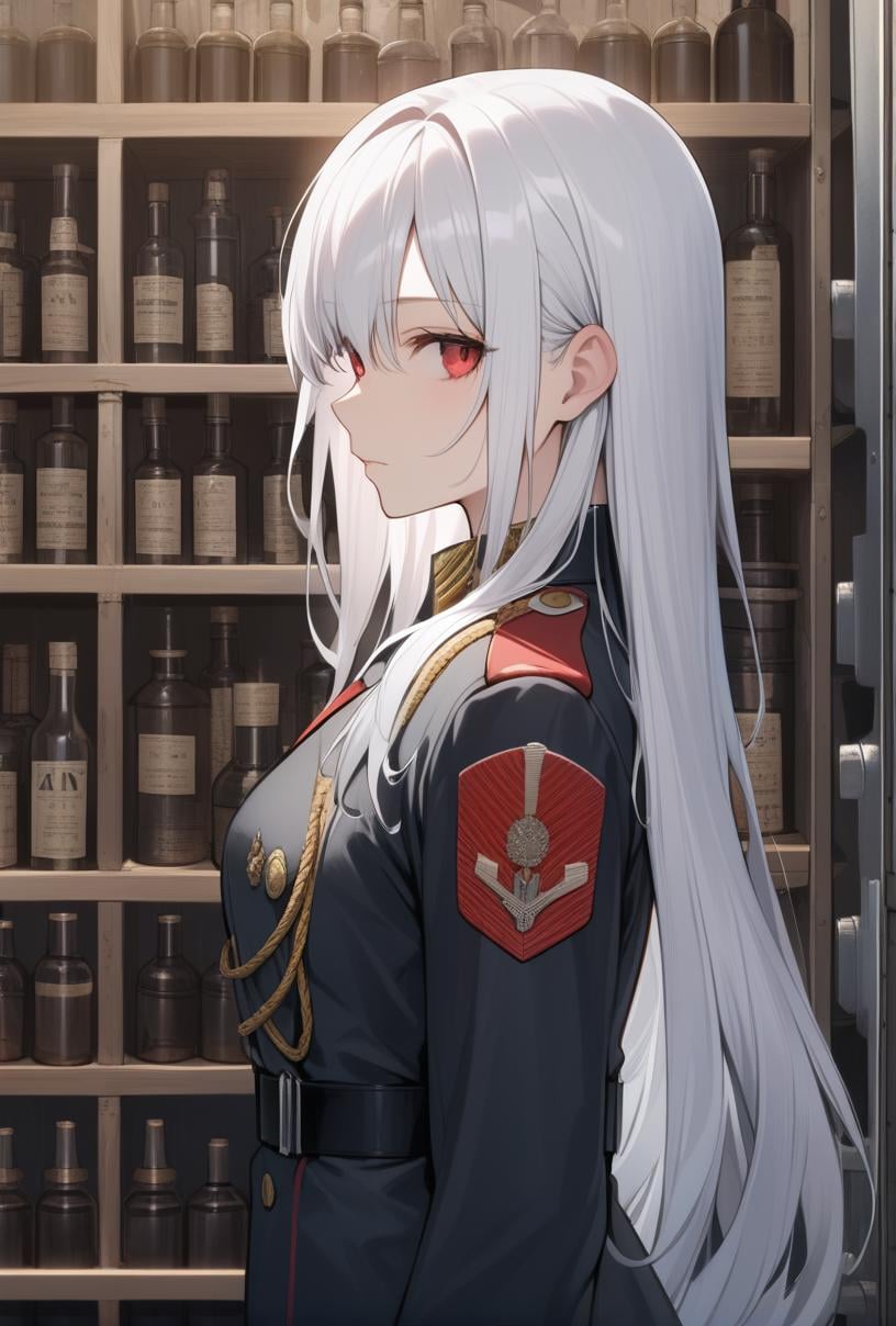 1girl, from side, long hair, red eyes, white hair, upper body, indoors, bottle, storage room, military uniform, masterpiece, best quality, looking at viewer, 