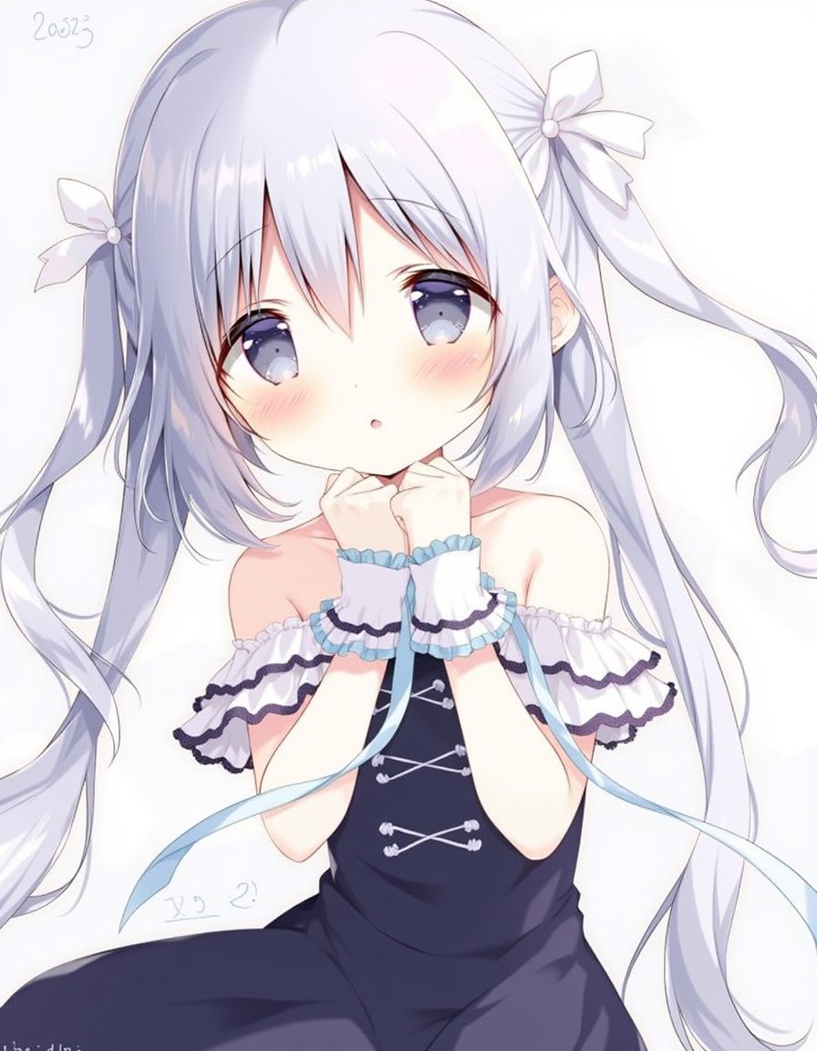 shiratama_(shiratamaco), commentary_request, 1girl, :o, bare_shoulders, black_dress, blue_eyes, bow, braid, braided_bangs, dress, frills, grey_eyes, grey_hair, hair_between_eyes, hair_rings, hands_up, heterochromia, long_hair, orb, parted_lips, sleeveless, sleeveless_dress, solo, two_side_up, very_long_hair, white_bow, wrist_cuffs, , original, year_2023,, <lora:flux-Shiratamaco-000008:1>