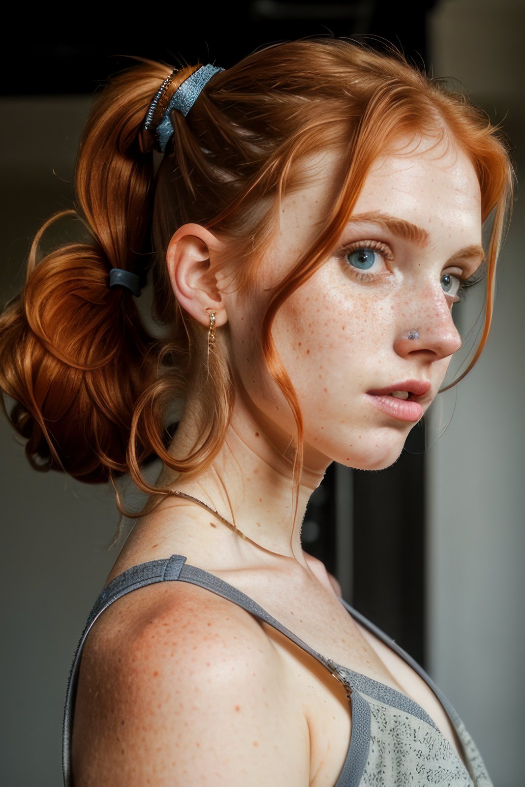 (8k, RAW photo, highest quality), beautiful girl, close up, dress, (detailed eyes:0.8), (looking at the camera:1.4), (highest quality), (best shadow), intricate details, interior, (ponytail, ginger hair:1.3), dark studio, <lora:epiNoiseoffset_v2Pynoise:1.6>, (muted colors), freckles:0.8, 