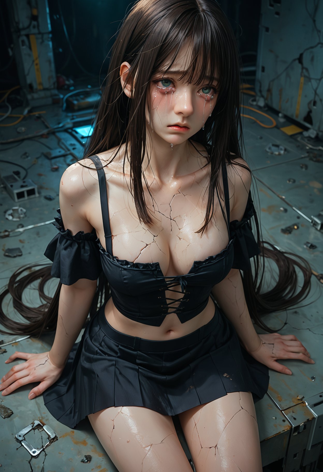 score_9,score_8_up,score_7_up,masterpiece,best quality,8k,dramatic lighting,cold colors,white ceramic skin,from_above,Very long hair,hair on the chest,air_bangs,long_legs,crying,tears,1girl,huge_breasts,Cyberpunk,broken robot,dark dream,no_light,Gothic dress,Mini skirt,shoulders,collarbone,belly button,cracks,collapse,