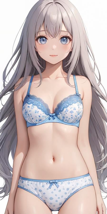 masterpiece,ultra-detailed,best quality,8K,illustration,cute face,clean skin ,shiny hair,girl,ultra-detailed-eyes,simple background, <lora:add-detail-xl:1>  <lora:jyojishitagi_XL_V1.1:1.5> jyojipan, underwear, print panties,bra