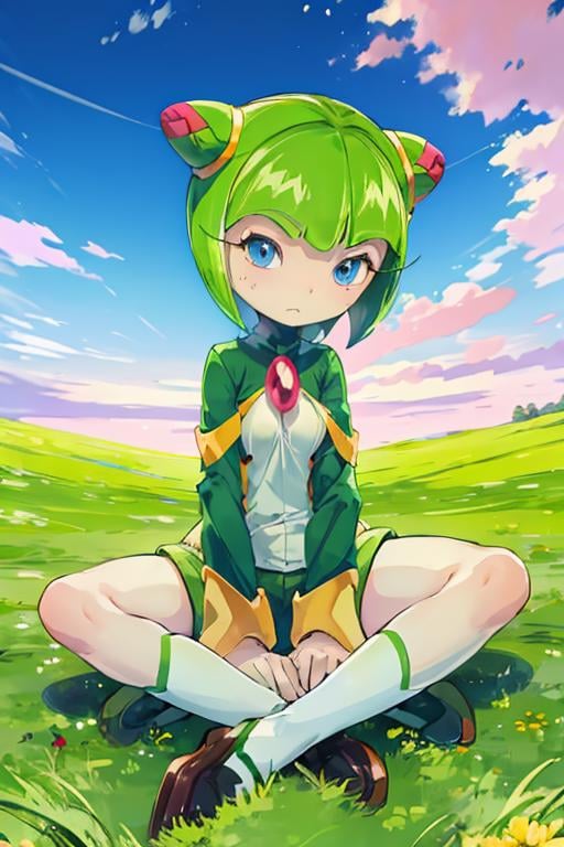 1girl, cosmotheseedrian, blue eyes, short hair, green hair, cone hair bun, shirt, short shorts, embarrassed, sitting, grass field <lora:cosmo:1>