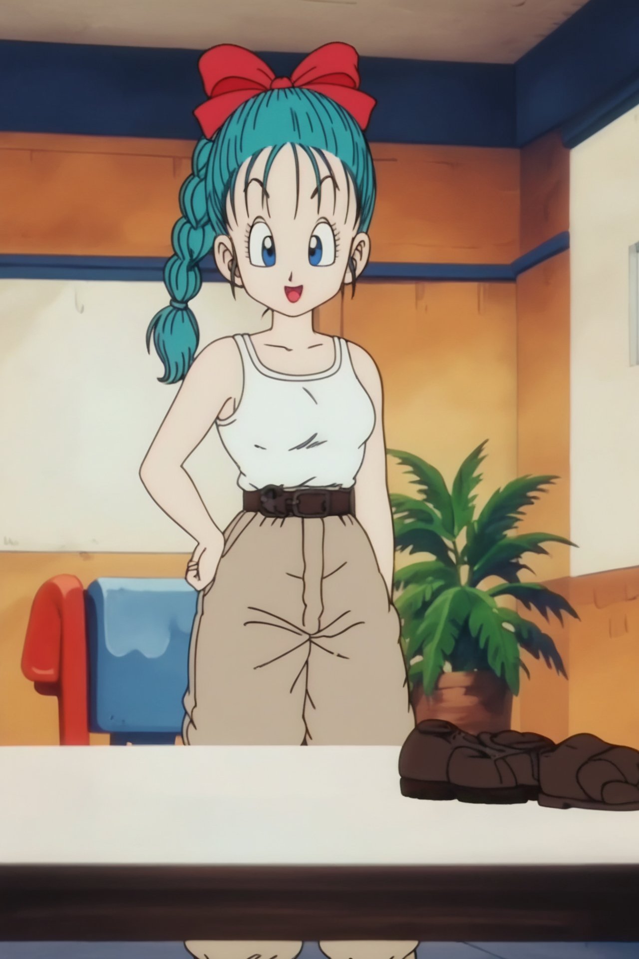 source_anime, score_9, score_8_up, score_7_up, anime screencap, bulma \(dragonball\), 1girl, solo, long hair, open mouth, blue eyes, ribbon, aqua hair, hair ribbon, braid, boots, belt, pants, single braid, tank top, braided ponytail, white topwear, brown pants, brown footwear, jacket removed, table, chair, tongue, raised eyebrows, looking at another, medium breasts, collarbone, eyebrows, eyelashes, arms by side <lora:bulma_pony_v1:0.8>