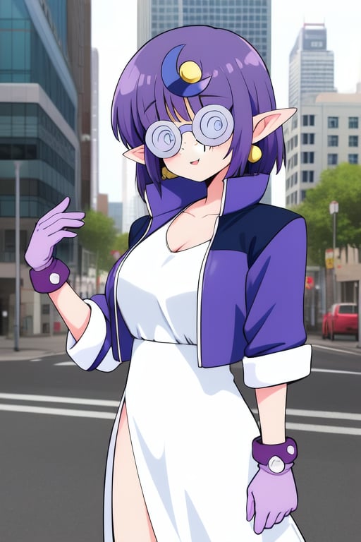 <lora:Arara_Cocoa:0.8>,  AraraCocoa, 1girl, glasses, freckles, solo, pointy ears, purple hair, crescent hair ornament, crescent, earrings, jewelry, hair ornament,  short hair, round eyewear, jacket, gloves, dress, white dress, bangs, breasts,city,masterpiece, high quality, very_high_resolution, large_filesize, full color,