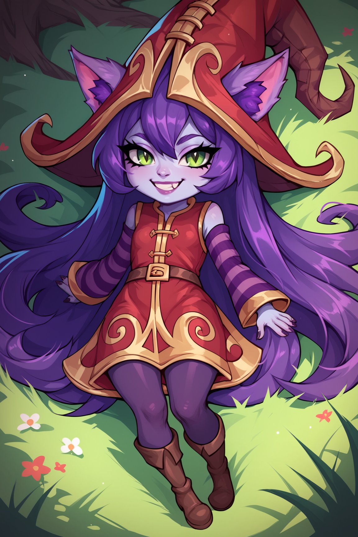 score_9, score_8_up, score_7_up, score_6_up, score_5_up, score_4_up, LuluLoLXL, shortstack, yordle, green eyes, purple hair, very long hair, sidelocks, bangs, animal ears, purple skin, colored skin, witch hat, ears through headwear, red dress, purple striped sleeves, purple pantyhose, boots, (lying on grass:1.2), seductive smile, looking at viewer, forest, tree  <lora:LuluLoLXL:0.7>