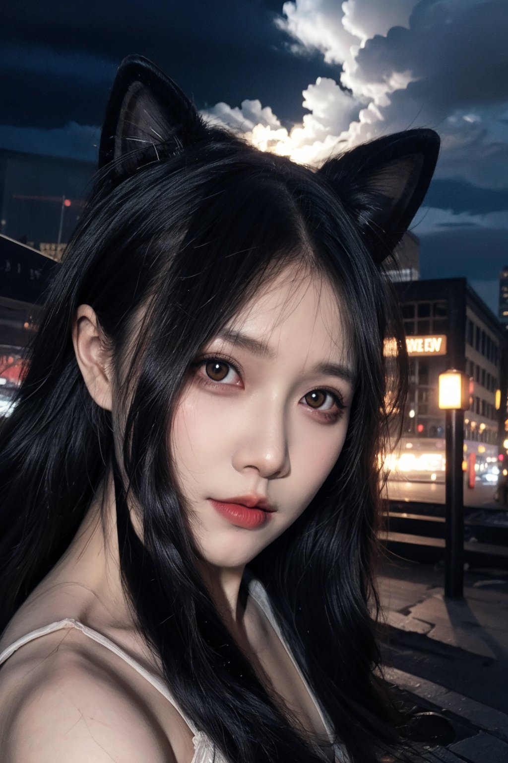 HD,CG,extreme details,fairy style,fisheye lens,exquisite facial features,clear pupils,moist lips,((4k,masterpiece,best quality)),professional camera,8k photos,wallpaper Masterpiece,best quality,extremely fine CG unified 8k wallpaper,very fine,texture,fine details,extremely fine and beautiful,delicate and beautiful face,1 girl,cat ears,a girl with beautiful eyes and cat ears,surrounded by many feathers,with tears streaming down her face,night,bright colorful lights and many clouds,sky,city,((super detailed details)),ultra- high resolution,8k,fisheye lens,beautiful,