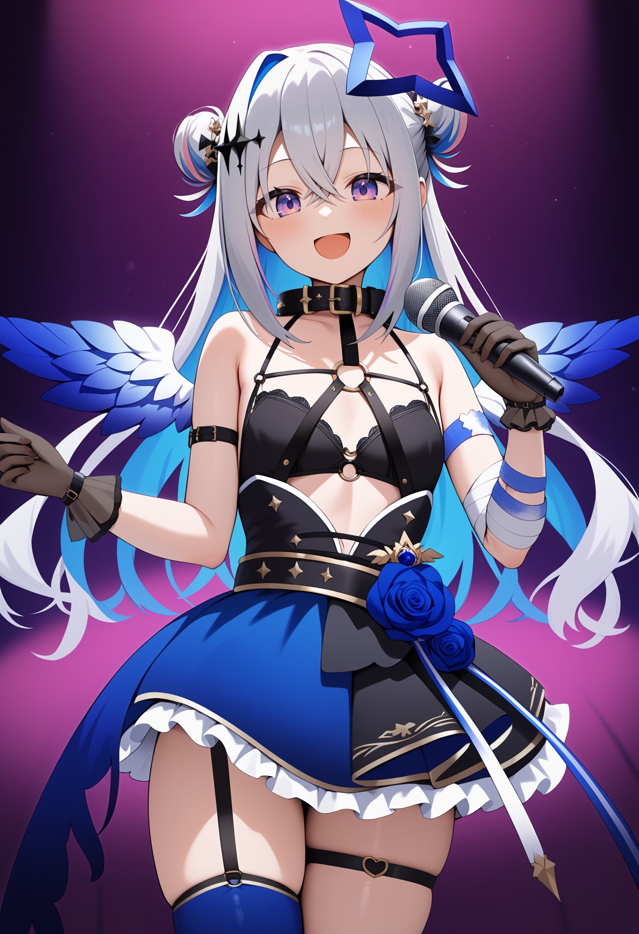 score_9, score_8_up, score_7_up, score_6_up, score_5_up, score_4_up, source_anime, eekanata, long hair, multicolored hair, grey hair, double bun, blue halo, hair ornament, crossed bangs,purple eyes, blue wings, black collar, o-ring, black bra, layered dress, black dress, bandaged arm, arm strap, black gloves, blue flower, blue skirt, thigh strap, single thighhigh, blue thighhighs, <lora:amane_kanata_ponyxl_v1:0.9>, stage, standing, cowboy shot, holding microphone, smile, open mouth, 