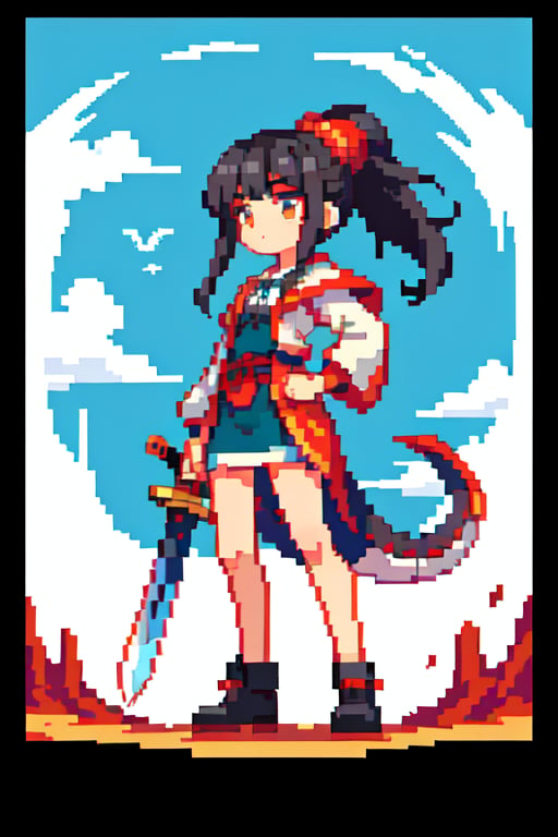 MG_xiangsu,pixel art,(masterpiece:1.2),1 girl,black hair bun,cold face,ponytail,(front),best quality,letterboxed,illustration,(An eighteen-year-old girl stood in front of the dragon with a sword:1.3),Panoramic view,Whole body,Expose thigh,(Elegant clothes:1.1),(Look from below:1.3),<lora:像素融合6:1>,