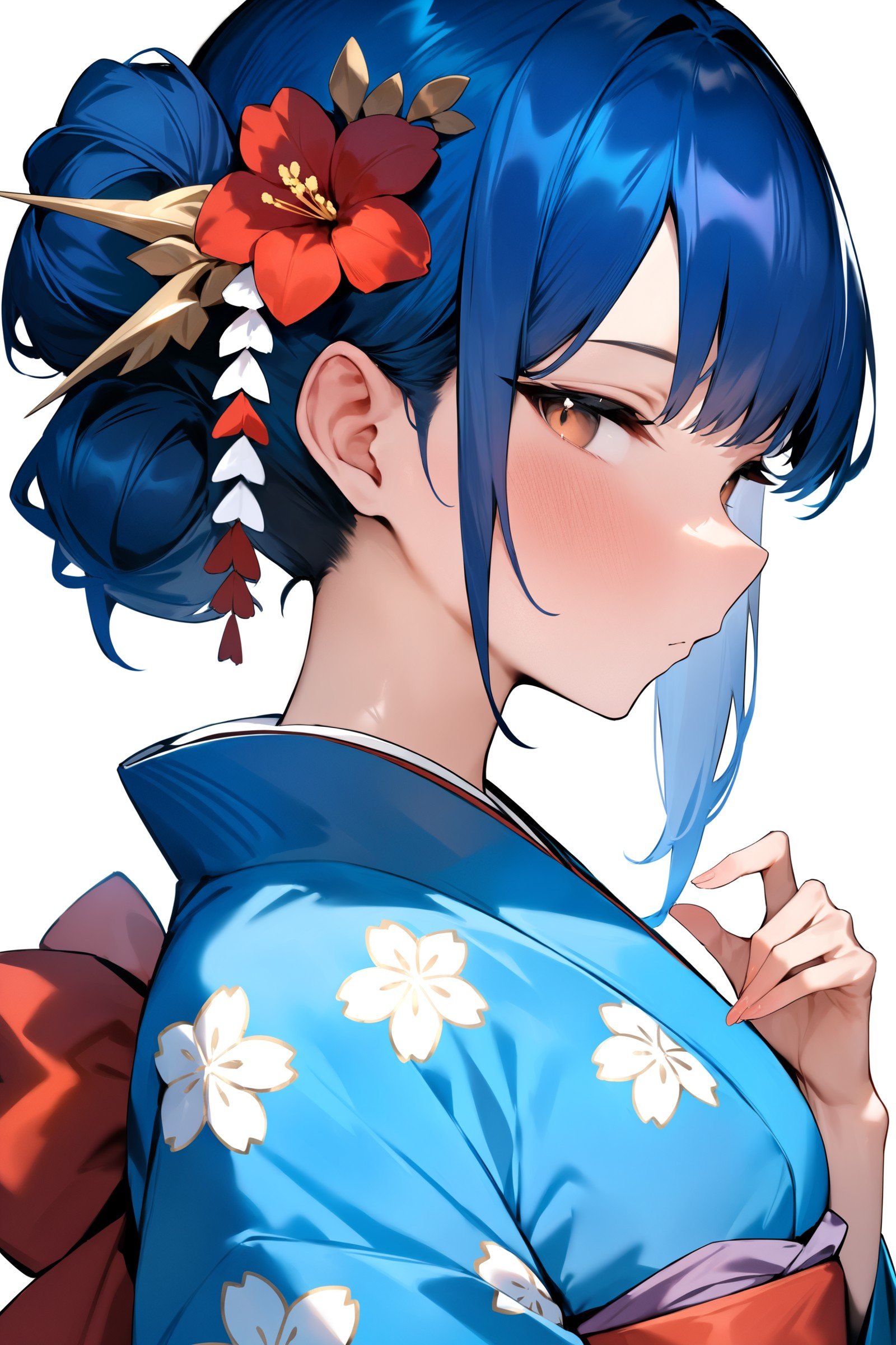 masterpiece, best quality, very aesthetic, absurdres, 1girl, hair ornament, blue hair, japanese clothes, flower, kimono, hair flower, brown eyes, white background, hair bun, looking at viewer, upper body, single hair bun, floral print, simple background, blue kimono, profile, sash,  obi, red flower, bow,   <lora:Yuyu_AnimagineXL_dim32:1>