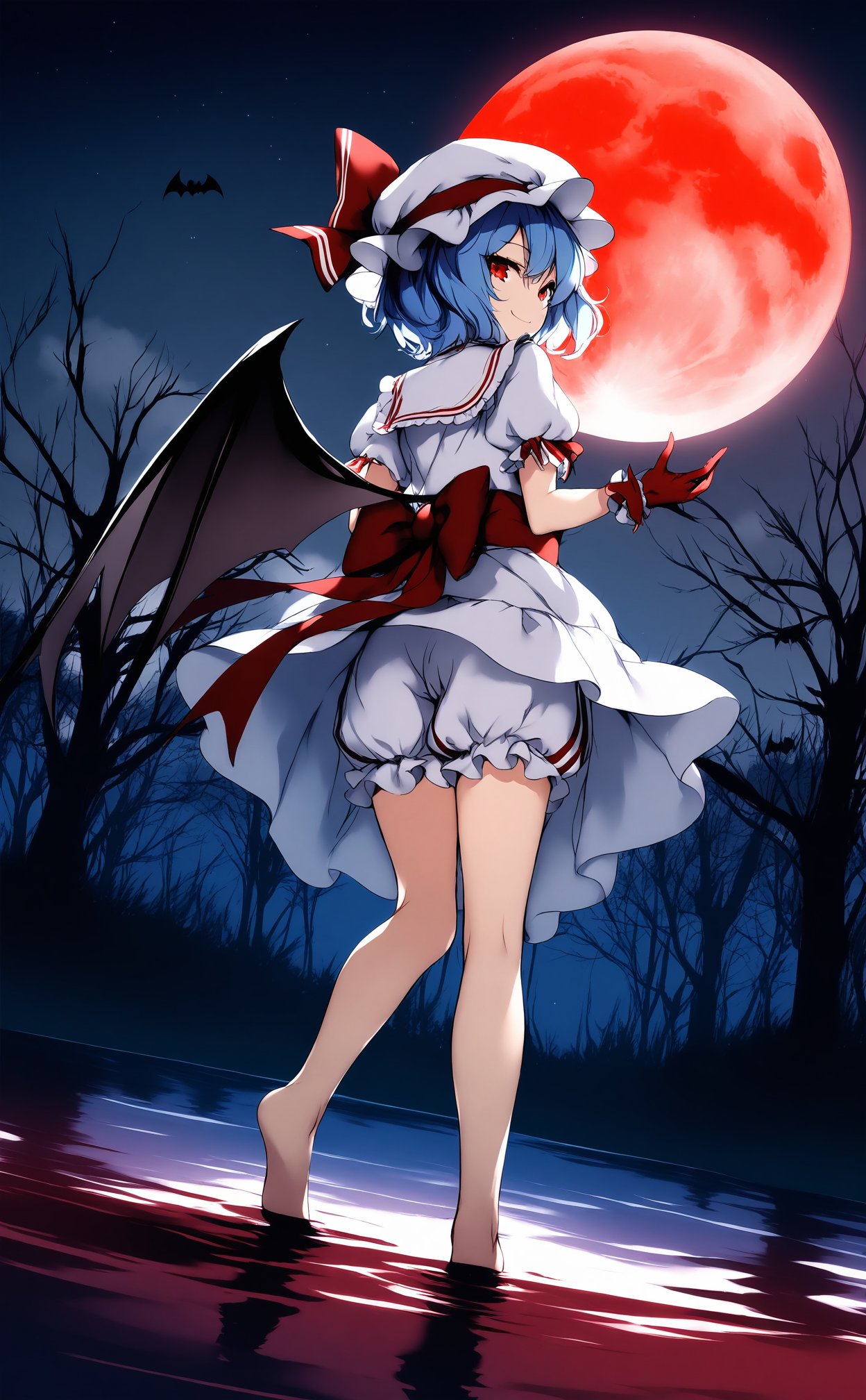 (masterpiece),(best quality),illustration,ultra detailed,hdr,Depth of field,(colorful),Artist ke-ta,1girl,ascot,bare tree,barefoot,bat wings,best quality,blood,blood on hands,bloomers,blue hair,frills,from behind,full body,full moon,hat,hat ribbon,looking at viewer,looking back,mob cap,moon,night,night sky,outdoors,pool of blood,puffy short sleeves,puffy sleeves,red eyes,red moon,red ribbon,remilia scarlet,ribbon,sash,shirt,short hair,short sleeves,skirt,skirt set,sky,smile,solo,standing,standing on liquid,star (sky),starry sky,tree,underwear,water,white bloomers,white skirt,wings,