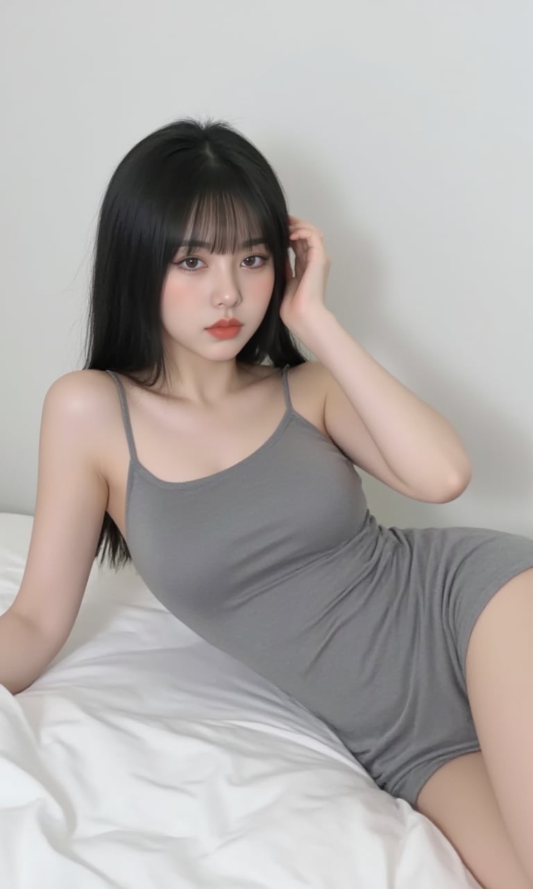 This is a real high-definition photo,<lora:网图-MYH-2:0.9>,This is a self-portrait photo with average clarity, with a lifestyle style. In the picture, there is a lady wearing a gray tank dress. Her hair is black. She is lying on the bed sideways, with one hand on her chest and the other stroking her hair. Her eyes are looking at the camera, and she appears to be between the ages of 20 and 30. She is female, with a fuller figure, a calm expression, wearing a gray tank dress, with black hair that falls to her shoulders, without bangs. The background is a white room.