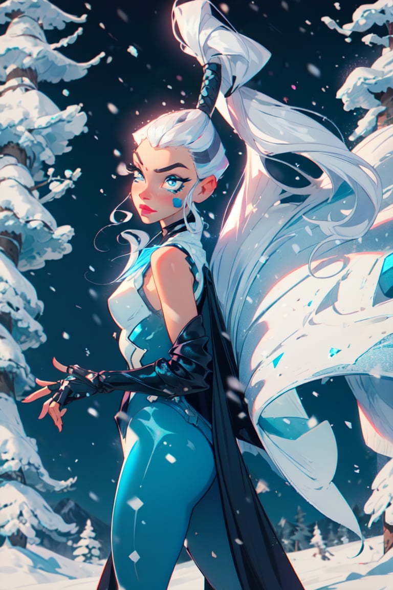 (Icy), blue eyes, white hair, ponytail, very long hair, eyeshadow, (WitchOutfit), sleeveless, (blue bodysuit:1.2), knee boots, gloves, (long blue cape), snow storm background, snowy background, mountains, blue ambience, snow powers, (realistic:1.2), (masterpiece:1.2), (full-body-shot:1),(Cowboy-shot:1.2), neon lighting, dark romantic lighting, (highly detailed:1.2),(detailed face:1.2), (gradients), colorful, detailed eyes, (detailed landscape:1.2), (natural lighting:1.2), close shot, solo, <lora:WinxClubIcy-10:0.9> <lora:add_detail:0.3> <lora:BeautifulEyes:0.6>