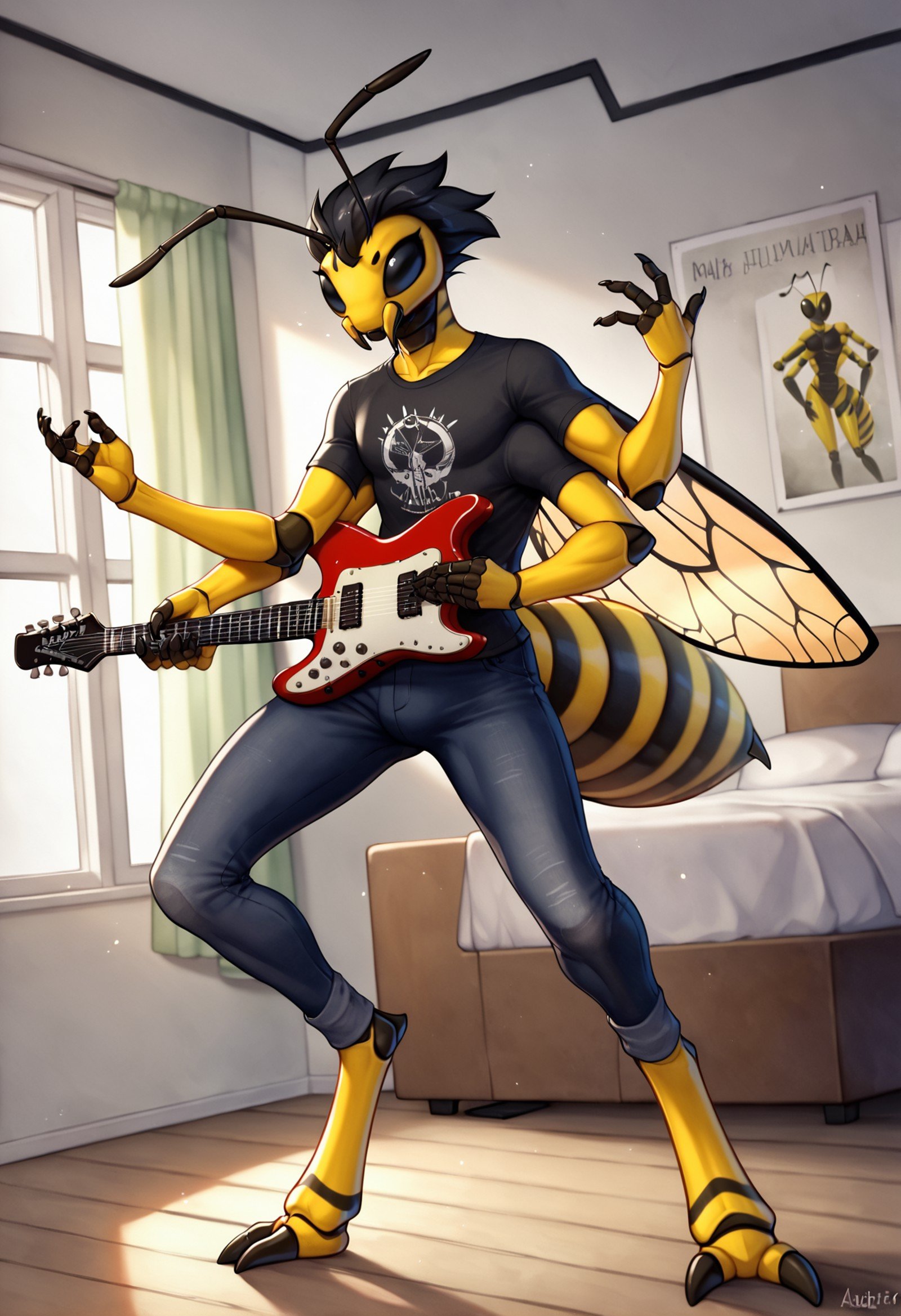 score_9, score_8_up, score_7_up, score_6_up, score_5_up, an anthro wasp metalhead with black hair and a metal shirt playing the guitar in a bedroom, anthro, wasp, yellowjacket wasp, hymenopteran, male, insect, anthro insect, arthropod, 2 toes, ((4 arms)), (4 wings), 2 antennae, antennae anatomy, arthropod abdomen, exoskeleton, black eyes, angry, feet, fingers, wings, (insect wings), multi wing, multi arm, solo, yellow body, black stripes, toes, digitigrade, clothed, metal band shirt, metal band logo, black shirt, pants, <lora:add-details-xl:0.5>, (detailed background), inside, pose, bedroom, poster,  <lora:anthro_bugs_pony:0.8>, watercolor art, beautiful, high quality, highly detailed, digital art, full body, chitin, (black hair, short hair), hair, industrial metal, electric guitar, playing electric guitar, dutch angle, (mandibles), amp