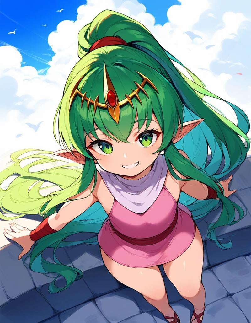 score_9, score_8_up, score_7_up, source_anime, rating_explicit, BREAK  <lora:Tiki_FE_XL:1> Tiki, pointy ears, long hair, green hair, ponytail, tiara, green eyes, flat chest, hair ribbon, very long hair, short stack,outdoors, smile, sky,  dress, short dress, cloud, sleeveless, pink dress, looking at viewer, day, blue sky, sleeveless dress,  thighs, from above,