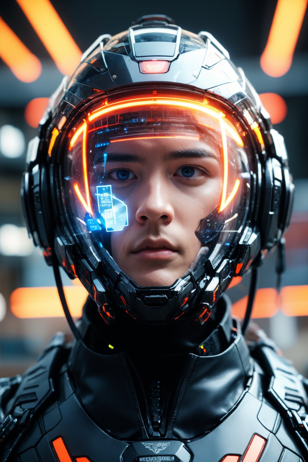 1boy, solo, realistic, science fiction, helmet, cable, cyberpunk, lips, portrait, head-mounted display, blurry, robot, depth of field, blurry background, closed mouth, screen, glowing, facing viewer