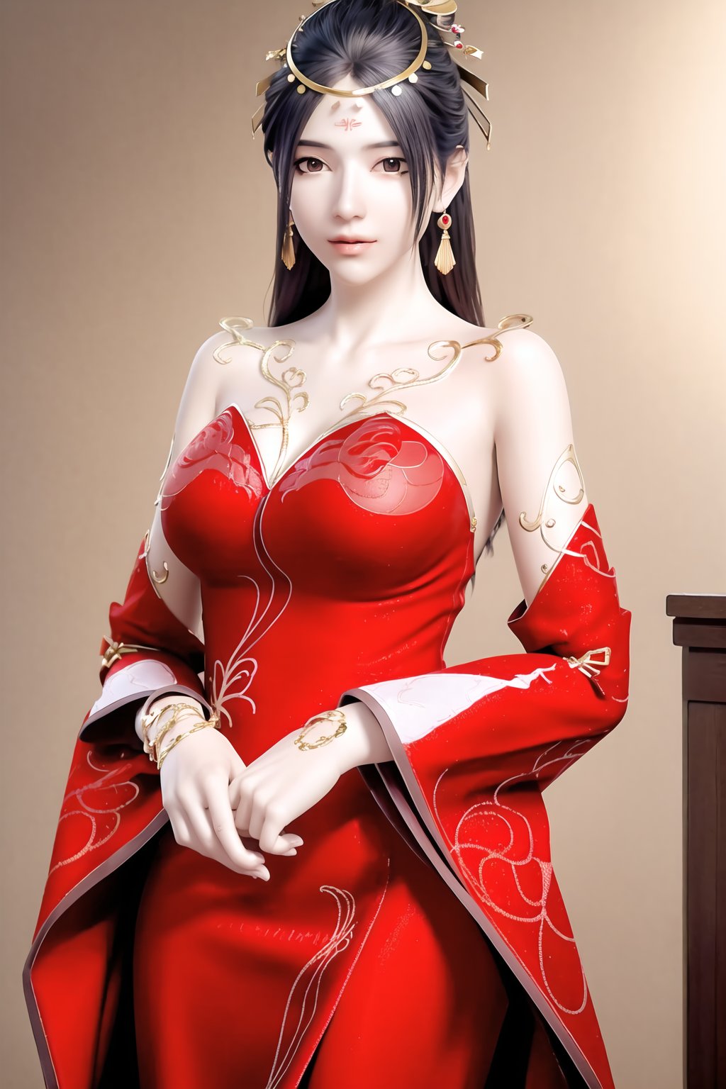 (8k, RAW photo, best quality, masterpiece:1.2),(realistic, photorealistic:1.3), ultra-detailed, extremely detailed cg 8k wallpaper,(crystalstexture skin:1.2), extremely delicate and beautiful,1girl, earrings, jewelry, solo, dress, black_hair, bare_shoulders, 3d,(full shot), (breasts, medium_breasts, cleavage), looking_at_viewer, standing, 