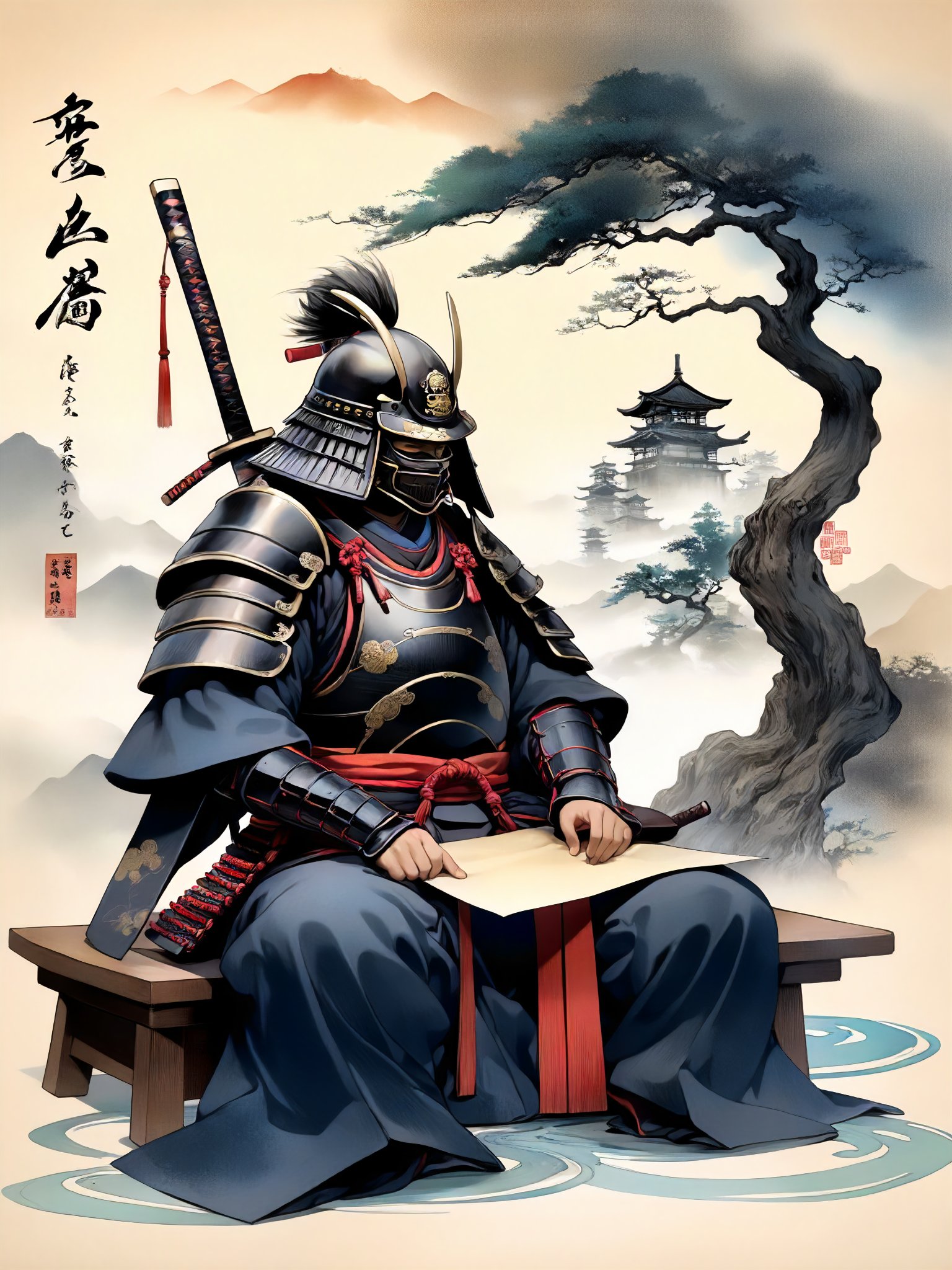 masterpiece, projecting a commanding presence, meditative, mythical, ink scenery, parchment, fluid motion, dreamy trails, ethereal atmospheres, samurai, kabuto \(helmet\), japanese armor, full armor, Samurai sitting cross-legged, thinking, 