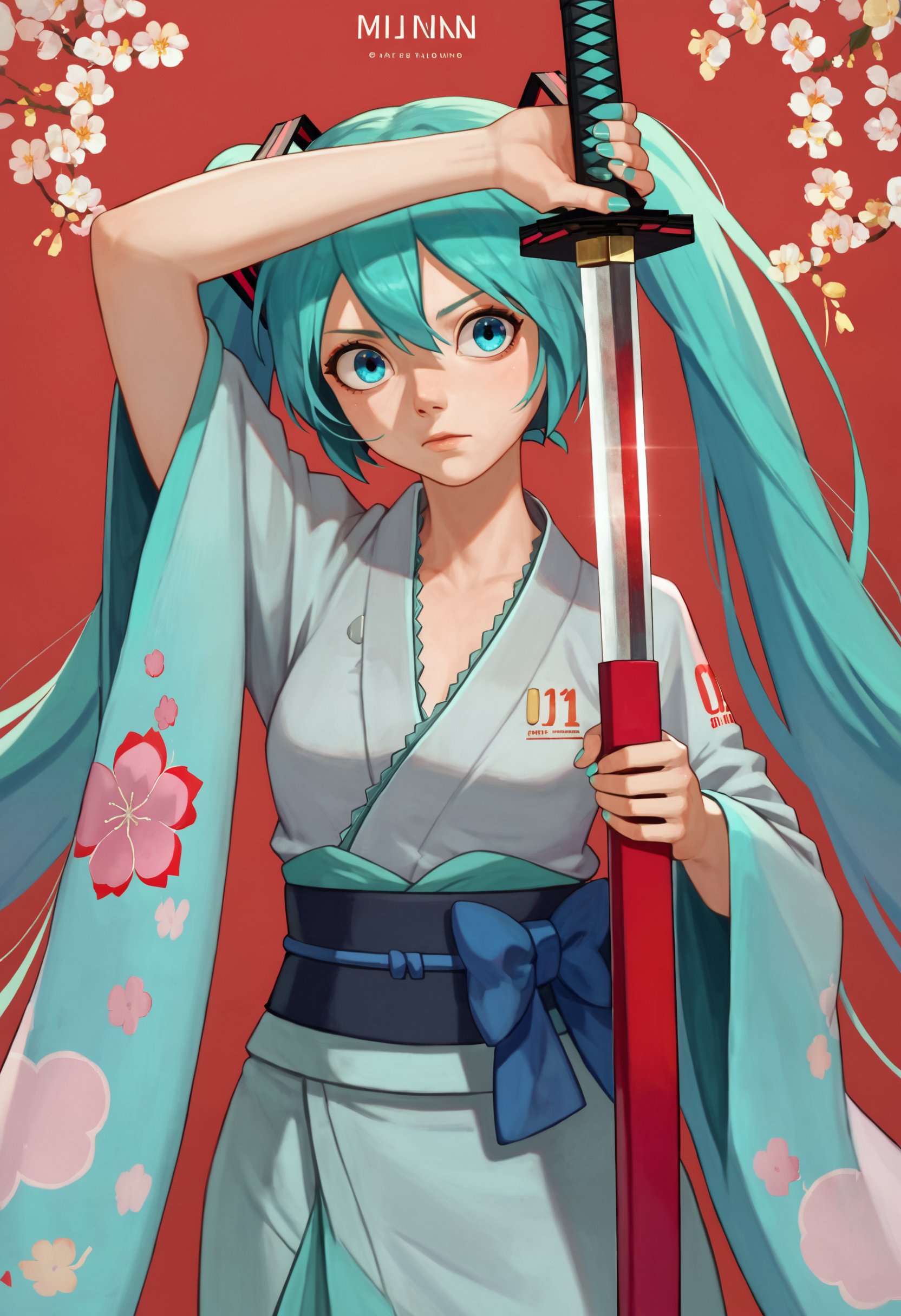 score_9, score_8_up, score_7_up, 1girl, arm up unsheathing sword, kimono, japanese clothes, hatsune miku<lora:unsheathing_pose_vertical_3_final:1>