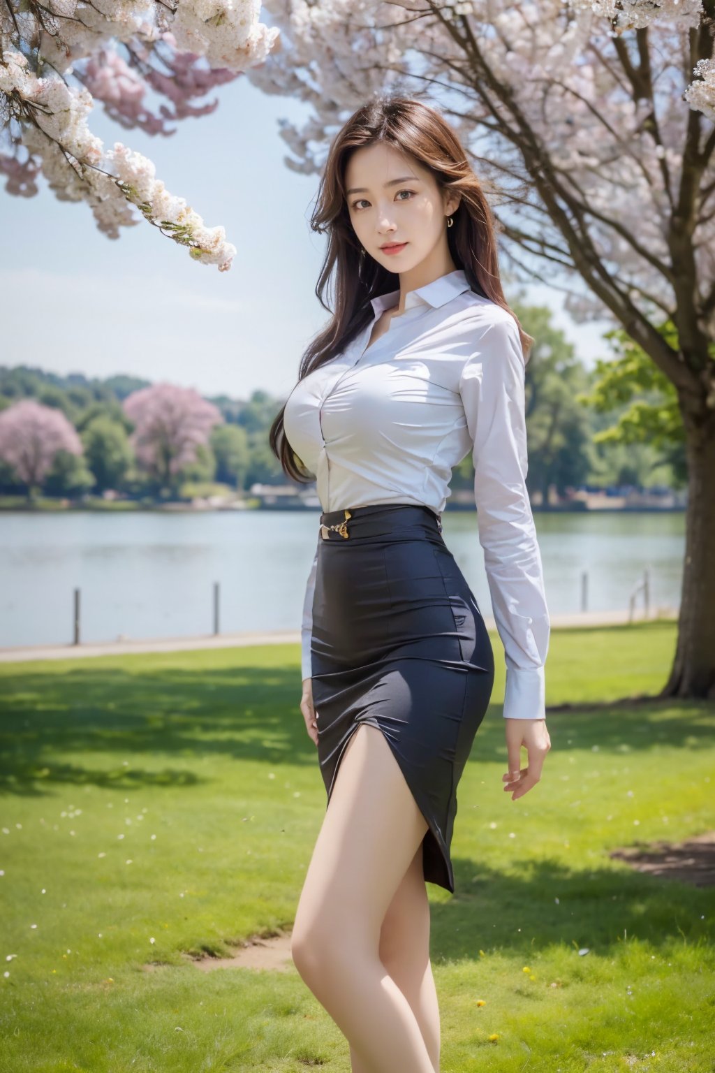 Realistic,best quality,masterpiece,8K,HDR,RAW,A pretty girl,seductive expression,charming,sex,1girl,((solo)),(standing),huge breasts,(lakeside,in spring,park),(looking at viewer,),<lora:add_detail:0.6>,<lora:GoodHands-beta2:1>,<lora:ENNE 商务短裙+衬衫_v07:1>,skirt,shirt,