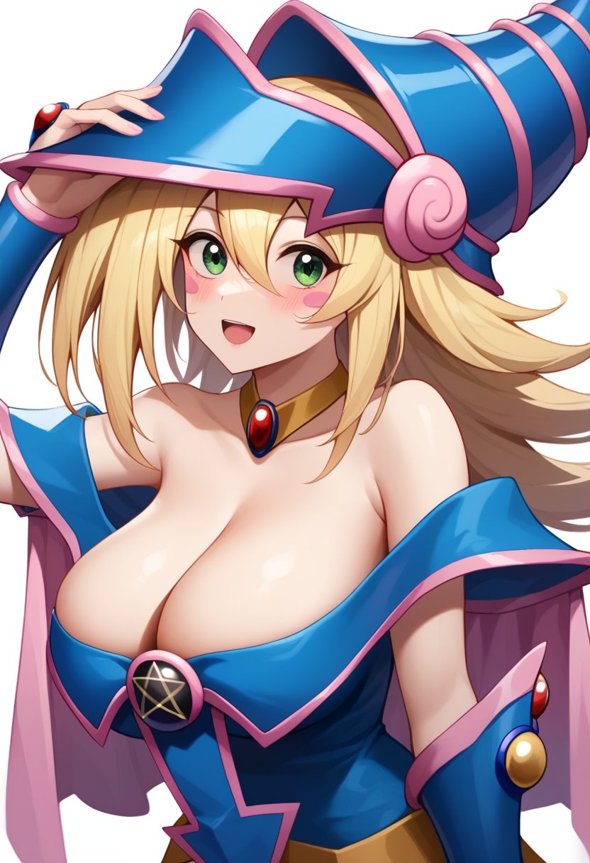 score_9,score_8_up,score_7_up,<lora:dark_magician_girl_pony:1>,1girl,ai-assisted,bare_shoulders,blonde_hair,blue_hat,blush_stickers,choker,cleavage,commentary_request,dark_magician_girl,duel_monster,green_eyes,hair_between_eyes,heart,highres,large_breasts,long_hair,solo,white_background,wizard_hat,