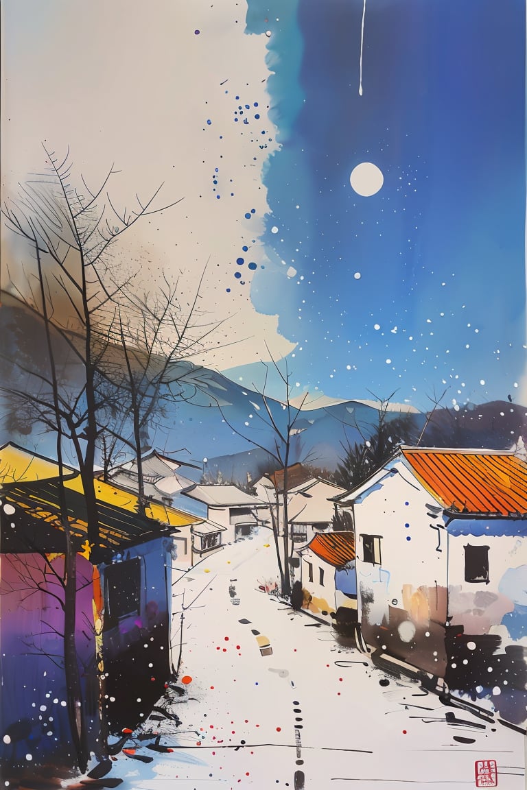 masterpiece,best quality,colorful inkpainting,no humans,tree,scenery,outdoors,snow,sky,building,bare tree,<lora:colorful-inkpainting-000016:0.8>,